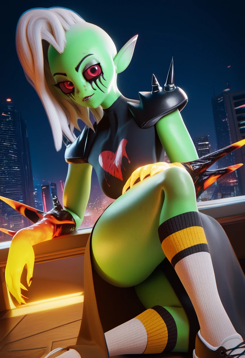 zPDXL, score_9,score_8_up,score_7_up,_up,source_cartoon, best quality, amazing quality, masterpiece, 1girl, looking at viewer, solo, lord dominator wo!262, green skin, breasts, white hair, pink eyes, freckles, no nose, pointy ears, sneakers, socks, side slit, crop top, long black skirt, spiked pauldrons, night sky,cityscape,skyline, huge filesize, <lora:LordDominator3D:1>