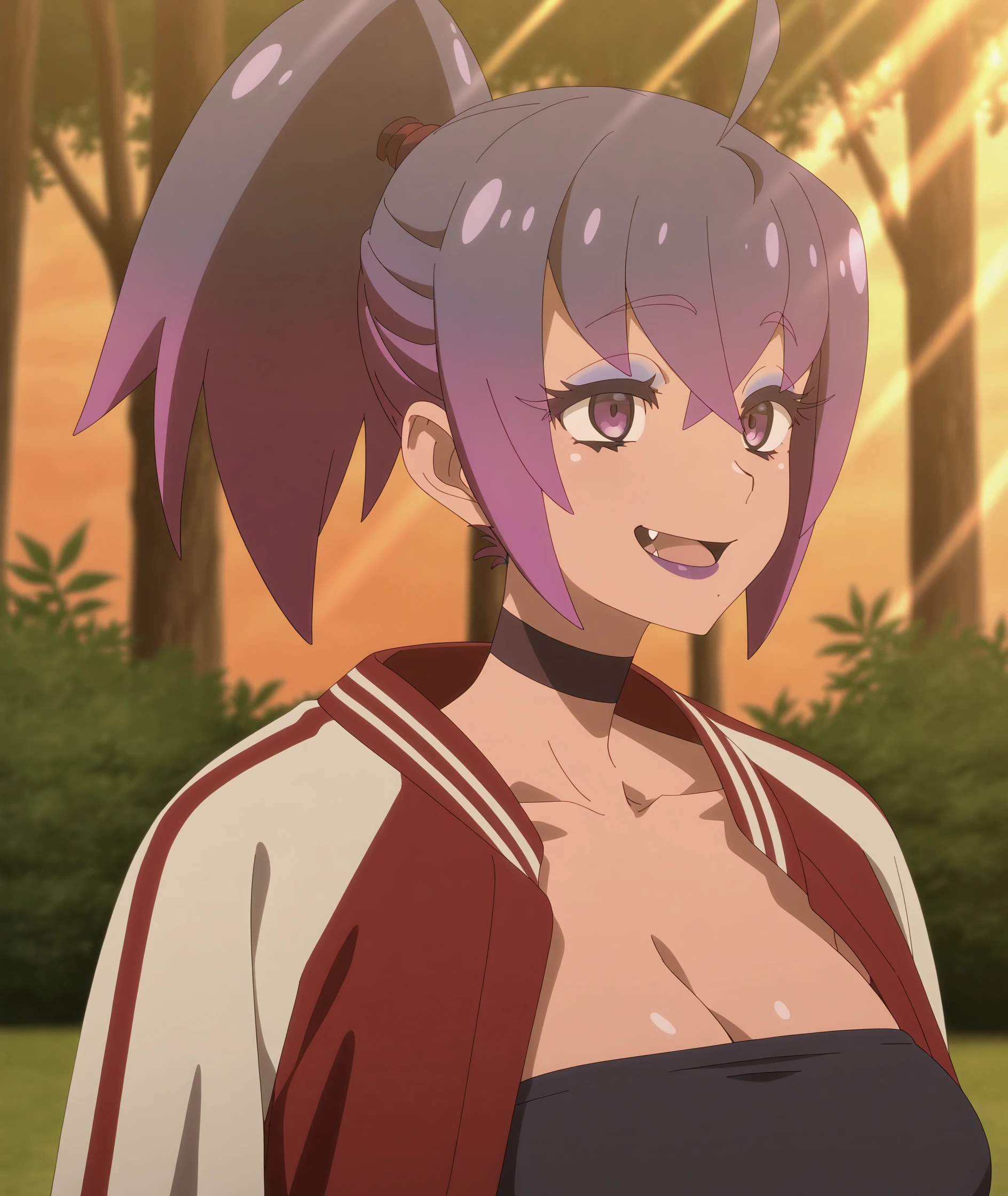 highres, hi res, best quality, masterpiece, 2d, intricate details, 4k, anime coloring, shadow, uncensored,
1girl, solo, female, eyelashes, bangs, purple eyes, ponytail, gradient hair, purple hair, ahoge, multicolored hair, fang, nail polish, purple nails, purple lips, 
breasts, collarbone, jacket, choker, strapless, black choker, red jacket, track jacket, jacket on shoulders, letterman jacket,
upper body, looking at another, standing, arms behind back,
depth of field, bush, day, forest, grass, light rays, nature, outdoors, plant, scenery, sky, sunbeam, sunlight, sunset, tree, <lora:Tokage_ILXL:1>