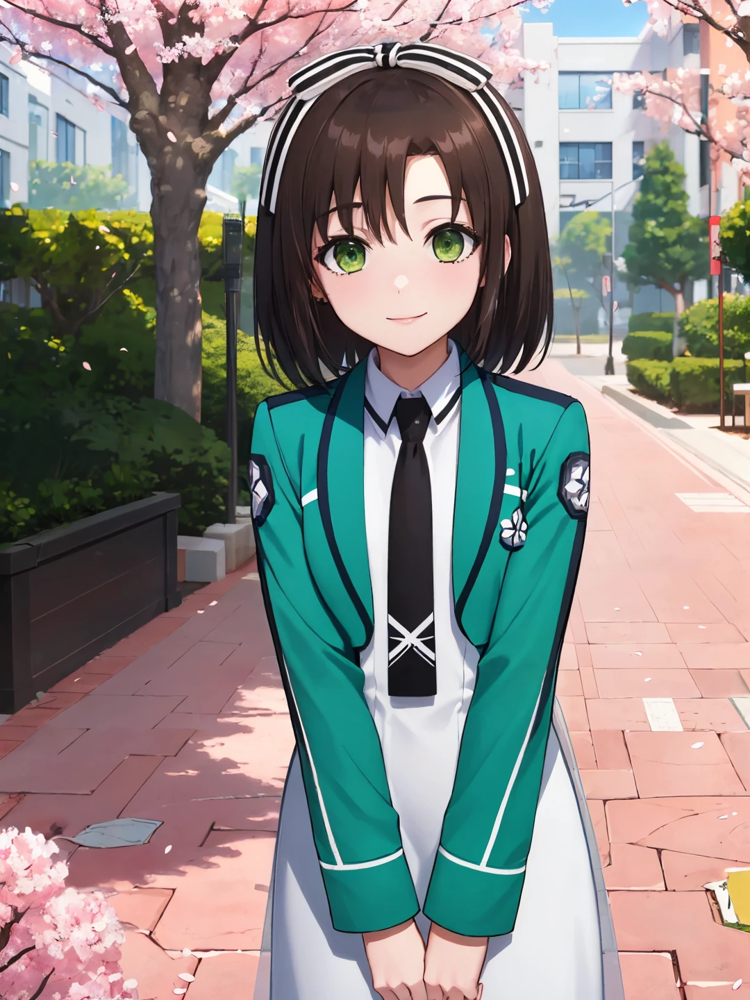 <lora:Saegusa_Izumi_0R:0.7>
saegusaizumi, brown hair, medium hair, green eyes, white hair ribbon
first high school uniform, green jacket, white dress, (long skirt:1.2), black necktie, long sleeves
masterpiece, best quality, ultra-detailed, detailed, detailed skin, absurdres, 8k, digital art
1girl, solo, facing viewer, standing, looking at viewer, smile, standing, cowboy shot
(outdoors, futuristic, science fiction, park, city, building, tree, bush, flower bed, street, stone floor, cherry blossoms)