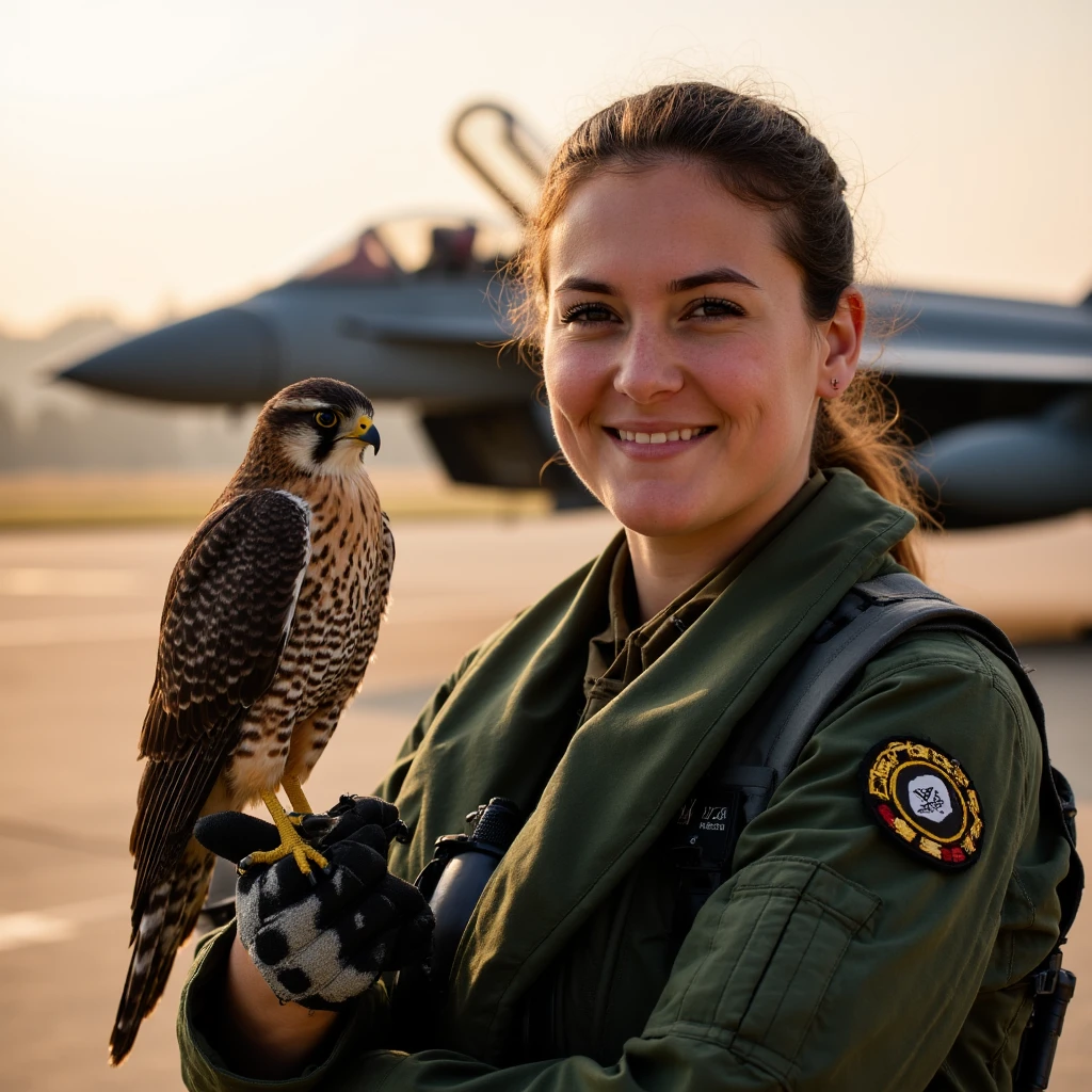 Imagine an image in cinematic photorealism: A female RAF pilot, wearing her RAF flight suit, stands on a windswept airfield at dawn, holding a majestic peregrine falcon perched calmly on her gloved arm. The bird’s sharp, focused eyes mirror the pilot's own determined gaze as they stand together against the backdrop of a jet silhouetted in the soft morning light. The falcon, with its sleek feathers and powerful presence, embodies speed and precision, symbolizing the spirit of the RAF as it rests confidently on the pilot’s arm, ready for flight.