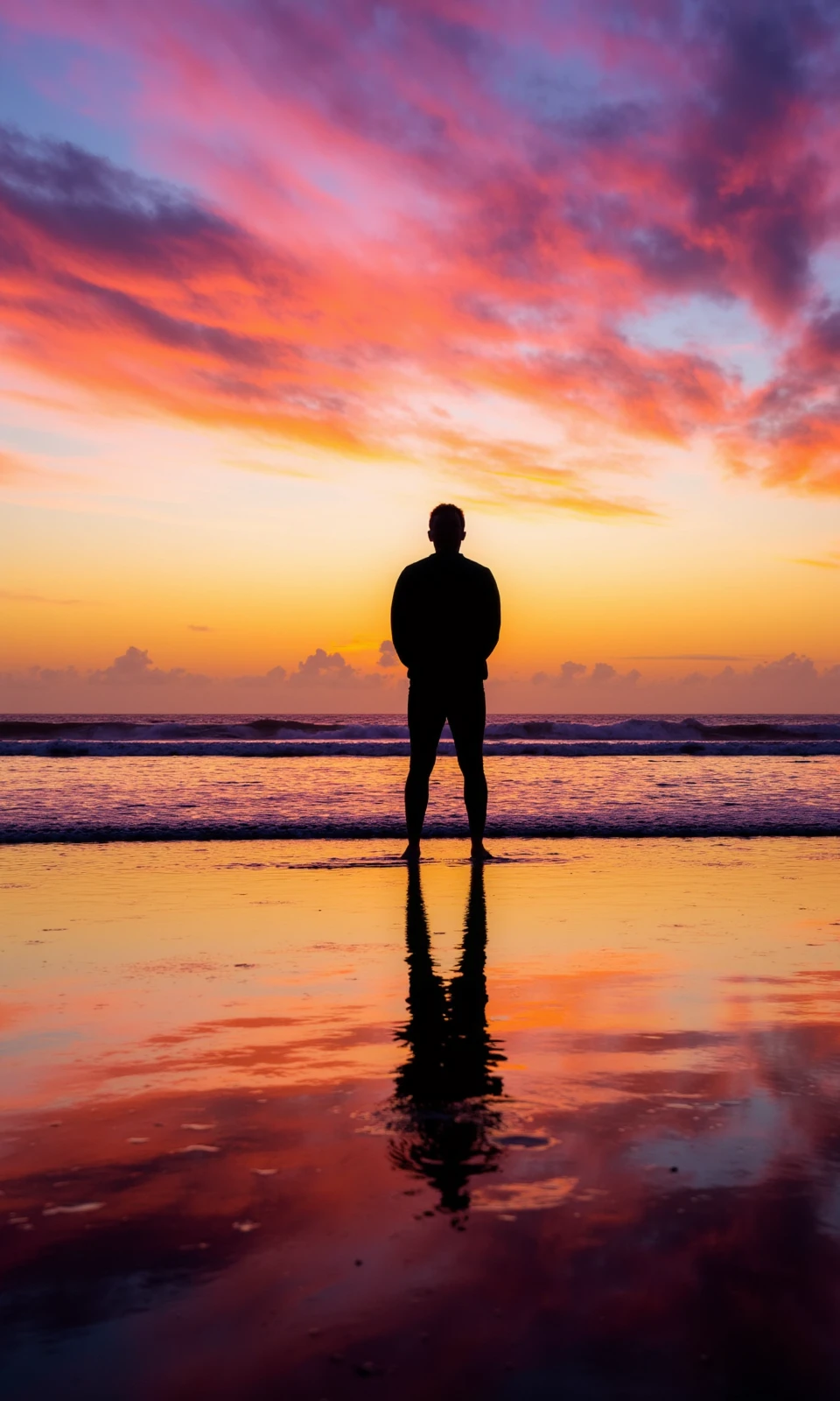 Silhouette of a man standing alone against the canvas of a vibrant, colorful sky, with his back to the horizon, the focal point in a photograph capturing a serene sunset at a beach, the man is silhouetted against the dramatic, swirling clouds that transition from deep purples and oranges to lighter pinks and blues, creating a mesmerizing array of hues across the sky, the sky is bathed in warm, golden hues, with the sun setting in the background, casting a golden glow over the horizon and reflecting off the wet, golden sand, the ocean waves gently lap at the shore, with gentle, foamy waves gently lapping at the sand, and the reflection of the sky and the man creates a mirror-like effect on the wet sand.