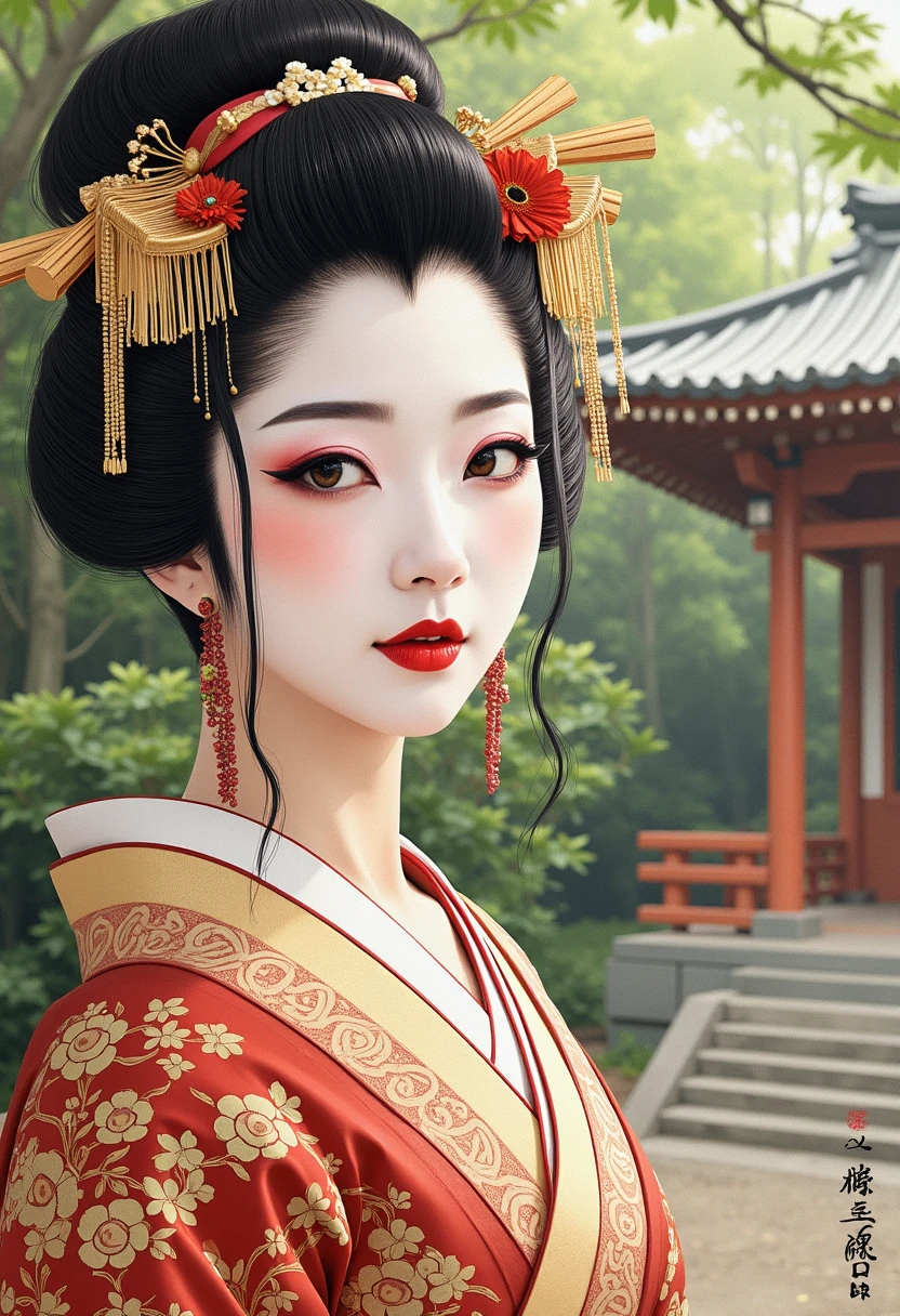 The image is a digital drawing portrait in a highly detailed, traditional Japanese style, specifically a mix of ukiyo-e and modern digital art of a geisha; remarkable, Elegant pallium with delicate draping and richly decorated edges, Maven, Short, Toned, Round Face, Olive Skin, Silver Hair, hazel Eyes, Long Nose, Thin Lips, Round Chin, Shoulder-Length Hair, Curly Hair, Blunt Bangs, small breasts, Dangle earrings, terracotta satin lipstick, Serenely beautiful shrine nestled within a serene forest grove, ethereal