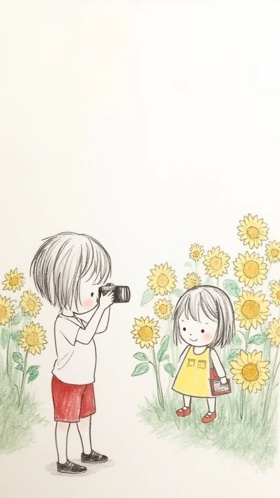 pencil draw line,pencil draw line,boy holds a camera and takes pictures of the girl in the sunflower garden