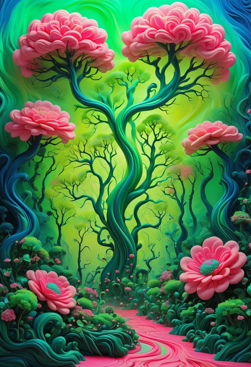 Psychedelic Landscape of a Surreal Dream Garden, Abstract Satin Texture, Swirling Gradients of Neon Pink, Electric Blue, and Luminous Green, Filled with Giant Floating Flowers and Twisting Trees, All Enveloped in a Colorful Mist, Glossy Finish, Creating a Trippy and Enchanting Atmosphere