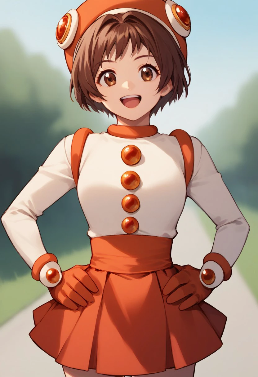 score 9, score 8 up, score 7 up, clarahananokouji, 1girl, solo, smile, short hair, skirt, brown hair, shirt, gloves, long sleeves, hat, bow, holding, brown eyes, open mouth, white shirt, cowboy shot, red skirt, magical girl, red gloves, outdoors, hands on hips,