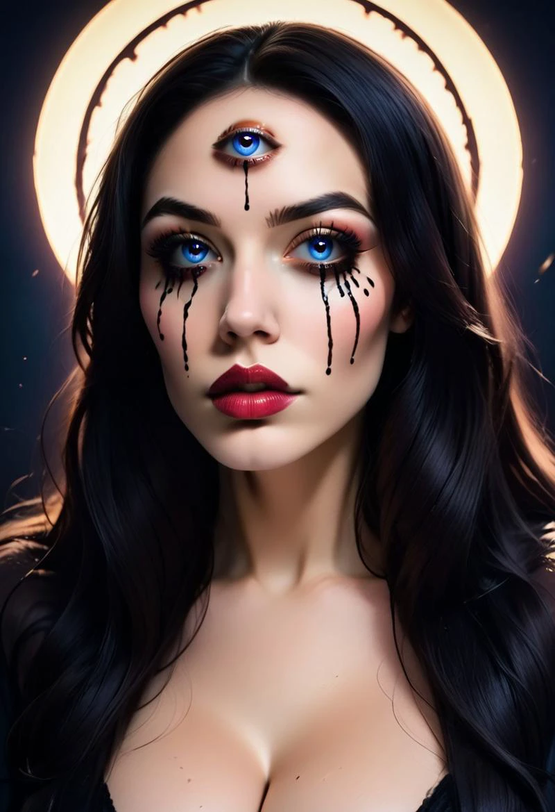 concept art, realistic, dark theme, low light. 1girl, solo, 18 years old.
Gorgeous sexy female. Beautiful feminine face, Long  hair. ((TearsMakeUp)).
((third eye)).
(Big breast), (Round breast:1.2).