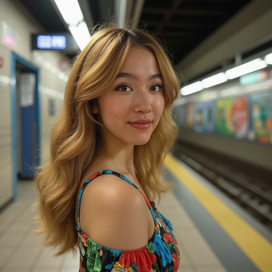 (A cinematic shot of <lora:Crystal_Cloud_ASMR:1> a young woman with a light to medium skin tone. A stunning female model, long, wavy hair with a warm blonde ombre effect, makeup and mascara. She is wearing a colorful dress, standing in subway station looking at the viewer)