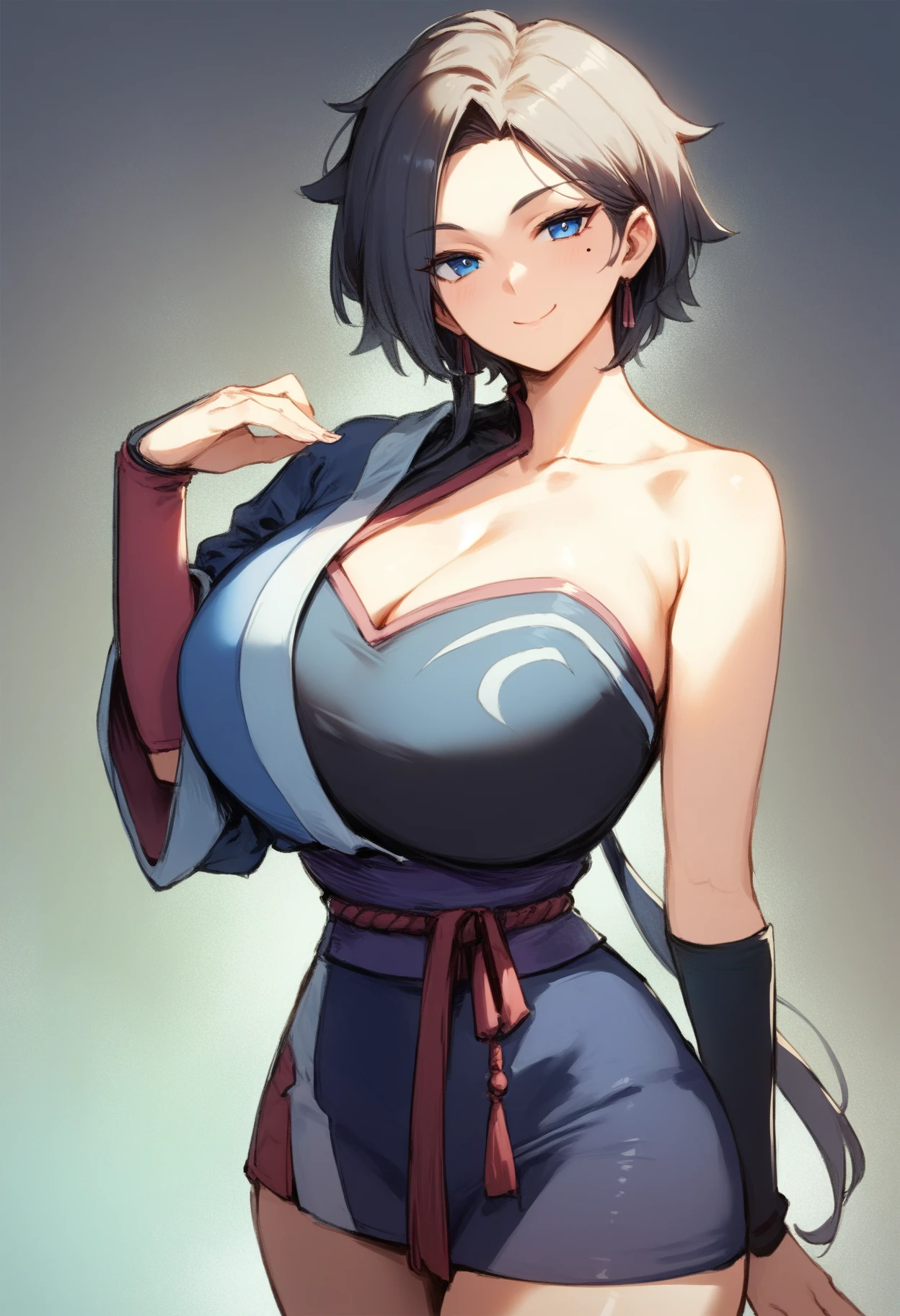 score_9,score_8_up,score_7_up,source_anime,
meihuashiyip,blue eyes,1girl,low ponytail,single sleeve,short hair with long locks,short hair,purple strapless dress,mole under eye, 

huge breasts, mature female,seductive smile,cowboy shot, 