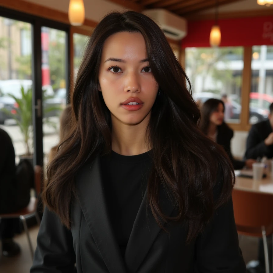 (A cinematic shot of <lora:Sunjos_asmr:1> a young woman with a light to medium skin tone. a stunning female model, wavy hair, makeup and mascara. She is wearing a form fitting coat, standing in cafe looking at the viewer)