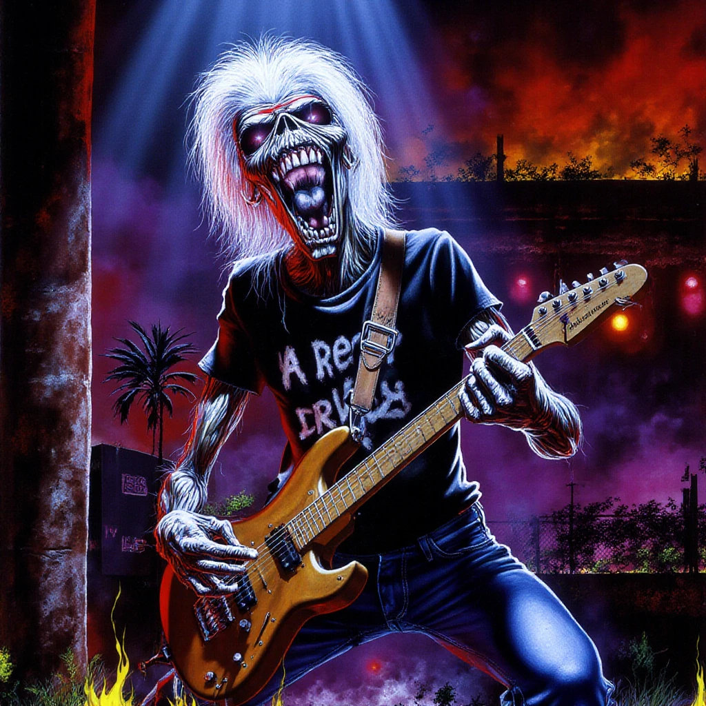 A skull zombie with white hair and tshirt, wearing jeans pants is playing guitar. Painting in the style of ir0nm41d3n artstyle