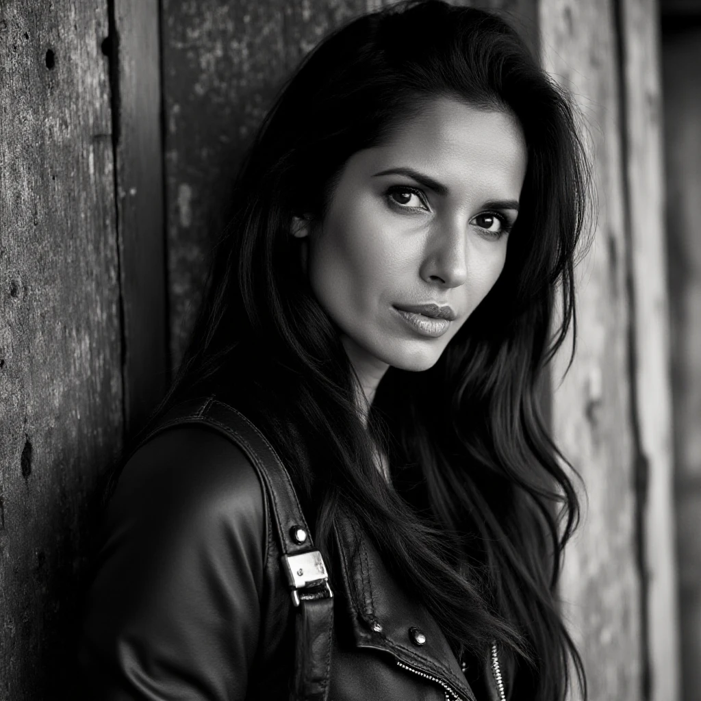 <lora:Padma_Lakshmi_Flux:1>  padma lakshmi, standing against an old, weathered barn door, her head tilted to rest gently on the wood, wearing a black leather jacket, with straps, She has a serene, contemplative expression, and soft, natural shadows are cast across her face from the barnâs structure, creating a peaceful yet dramatic effect. , extreme close up, focus on eyes and face,, closeup portrait photography, beautiful eyes, capturing emotion, personality, flattering lighting, professional, engaging, compelling composition, black and white photography, timeless elegance, classic aesthetic, dramatic contrasts, emphasizing shapes and textures, evoking nostalgia, focusing on light and shadow, monochromatic storytelling, capturing mood and emotion, artistic expression, minimalist compositions, conveying depth and atmosphere, timeless beautyâââ