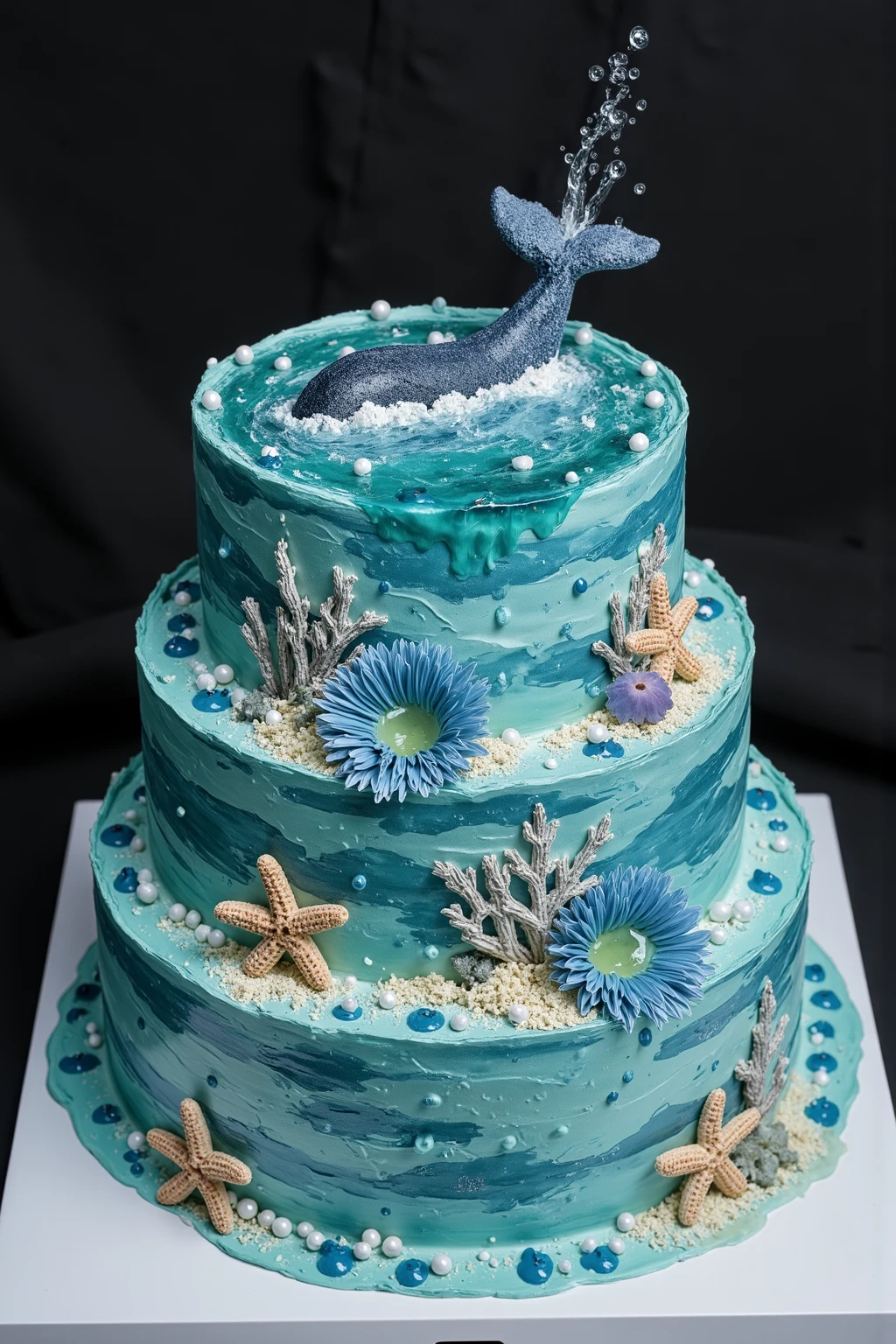 CynthiaCake. Create a cake that embodies the mystical beauty of the deep sea. The cake should have a multi-layered, wavy design covered in gradient blue and teal icing to represent ocean depth. Incorporate edible elements such as coral formations **** of spun sugar, sugar-**** starfish, and jelly-**** sea anemones. Include a sculpted edible whale tail emerging from the water on the top tier, with sugar sheets shaped **** splashing water droplets. Edible pearls and small bubbles should be scattered throughout to enhance the underwater effect.