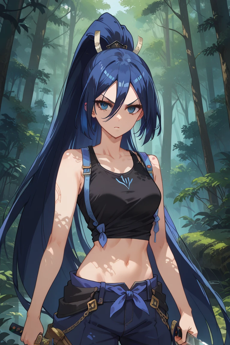 score_9,score_8_up,score_7_up,source_anime,BREAK
1girl, solo,
Kanae, very long hair, ponytail, blue hair, long hair,
forest, knife, looking at viewer, tilted head, midriff, black tank top,
Expressiveh