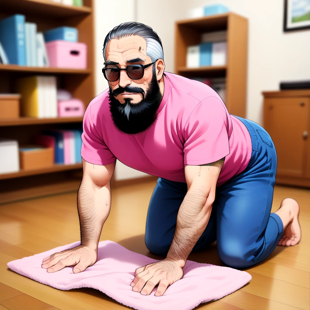 <lora:cleanup_SDXL:0.7>, a man with a beard and glasses is doing a push up on a pink towel, solo, looking_at_viewer, blush, short_hair, shirt, black_hair, 1boy, brown_eyes, closed_mouth, full_body, white_hair, short_sleeves, grey_hair, male_focus, multicolored_hair, sweat, glasses, barefoot, socks, pants, artist_name, indoors, sweatdrop, blurry, black_eyes, two-tone_hair, fingernails, book, kneeling, muscular, depth_of_field, blurry_background, shadow, facial_hair, scar, no_shoes, sunglasses, thick_eyebrows, pectorals, denim, muscular_male, all_fours, towel, t-shirt, bara, beard, scar_on_face, forehead, veins, black-framed_eyewear, pink_shirt, jeans, blurry_foreground, wooden_floor, mature_male, round_eyewear, mustache, on_floor, door, blue_pants, bookshelf, manly, bedroom, old, hair_slicked_back, chest_hair, old_man, arm_hair, exercise, hairy, thick_arms, cleaning, wrinkled_skin, veiny_arms, zoukingake, zoukin