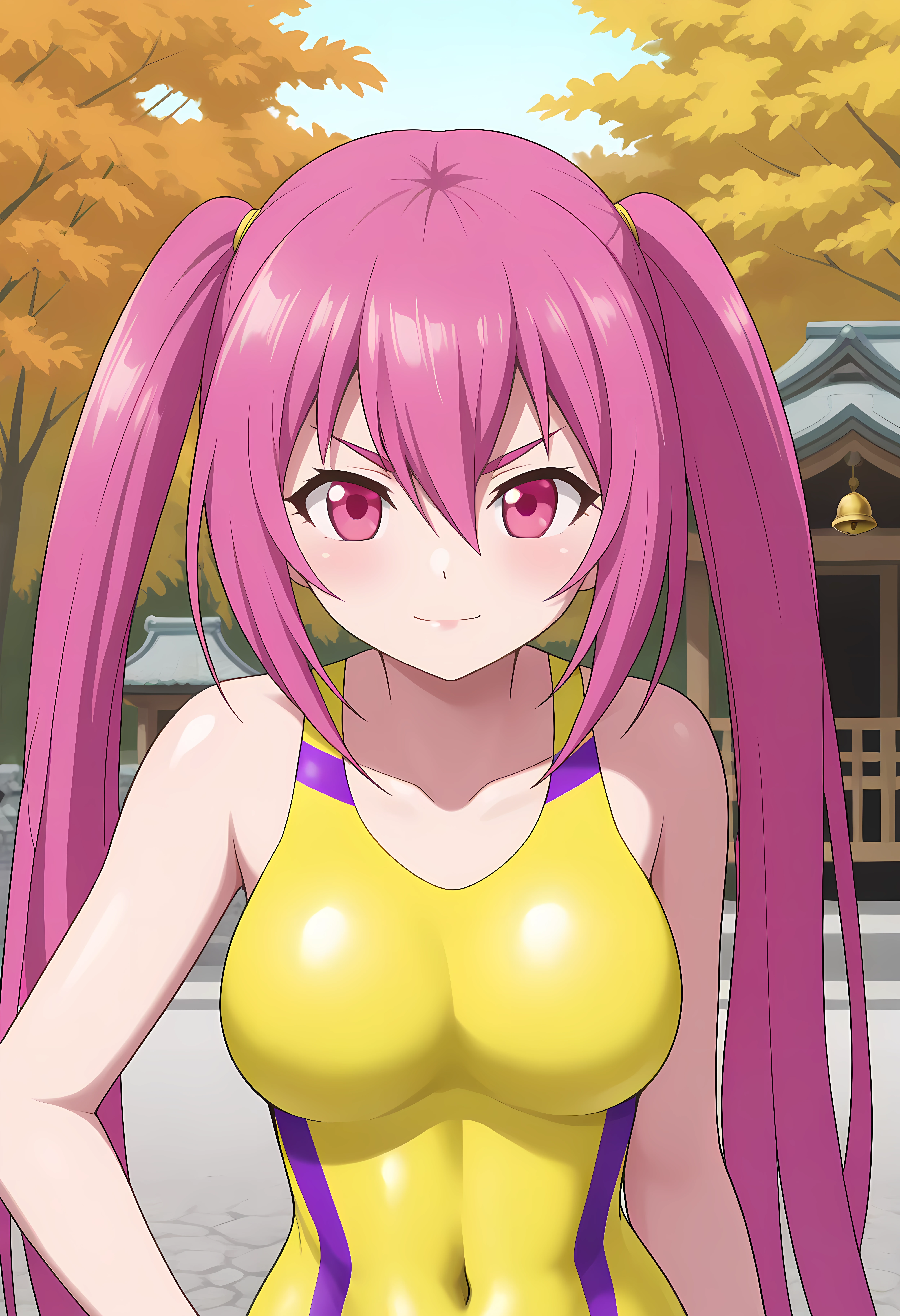 looking at viewer, shiny skin, upper body, light smile, petite,ohwx, long_hair, pink_hair, 1girl, twintails, purple_hair, pink_eyes, breasts, purple_eyes, medium_breasts, large_breasts, hair_between_eyes, very_long_hair, ponytail, v-shaped_eyebrows,swimsuit, one-piece_swimsuit, yellow_one-piece_swimsuit, competition_swimsuit, covered_navel, Japanese temple bell surrounded by autumn foliage, warm afternoon light, ancient and serene scene,<lora:usagi_tsukishita_illustrious_sobsynapse-000003:1>