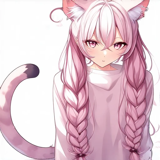 giving her a youthful and somewhat shy appearance. She has cat-like ears, and a tail that matches her hair color, specifically cat-like ears and a tail, The image is a digital drawing in an anime-inspired art style, light pink hair styled in two braided pigtails, wavy pink hair with a slight gradient from light pink at the roots to a darker pink at the ends. She has striking, wavy white hair adorned with cat ears and a tail. She has expressive, wavy pink hair with cat ears and a tail