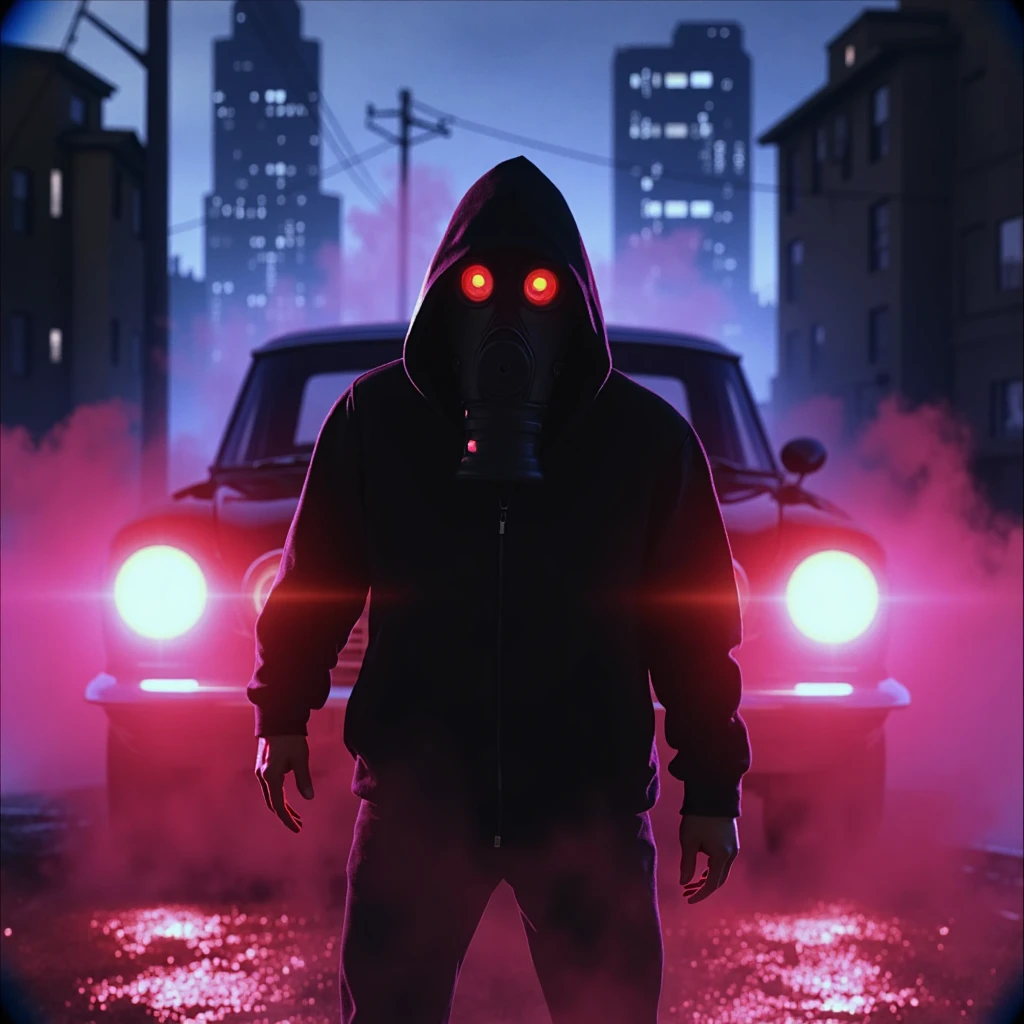 Imagine an image in the style of a dimly lit cyberpunk alleyway, dense with fog and streaked with neon pinks and blues reflecting off wet pavement. The hooded figure, their gas mask lenses softly glowing, is bathed in the fractured light of flickering holograms. Towering shadows of skyscrapers loom in the mist, as the gritty ambiance deepens the protagonist's hidden, noir-inspired mission.