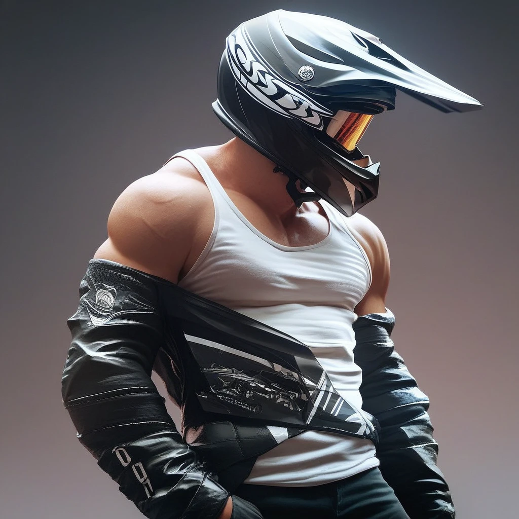 score_9, score_8_up, score_7_up, 1boy, muscular male, white tank top, standing, posing, black motorcycle helmet, masterpiece,