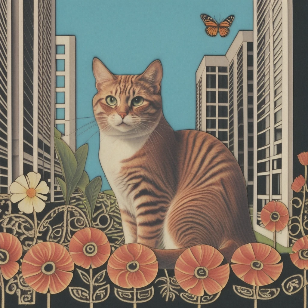 cat, garden, flowers, butterfly, building