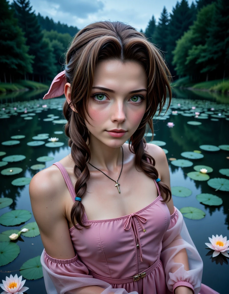 Aerith_FF7_Real_Final, Extreme close-up portrait of Aerith, cropped from upper chest to mid-forearm, set against a serene, mystical lake at twilight. Her emerald-green eyes reflect the soft glow of bioluminescent lights in the water, contrasting beautifully with her fair, rosy skin. Her brown hair is tied back in her signature braid, with a few loose strands illuminated by the gentle light around her. She wears her pink dress, and a translucent, flowing shawl that drifts softly in the evening breeze. The background captures the stillness of the lake, surrounded by tall, shadowy trees and faintly glowing lilies on the water, creating a calm, otherworldly atmosphere. [Composition: Tight 85mm lens effect, amplifying Aerith’s serene spirit against the ethereal, twilight landscape.]