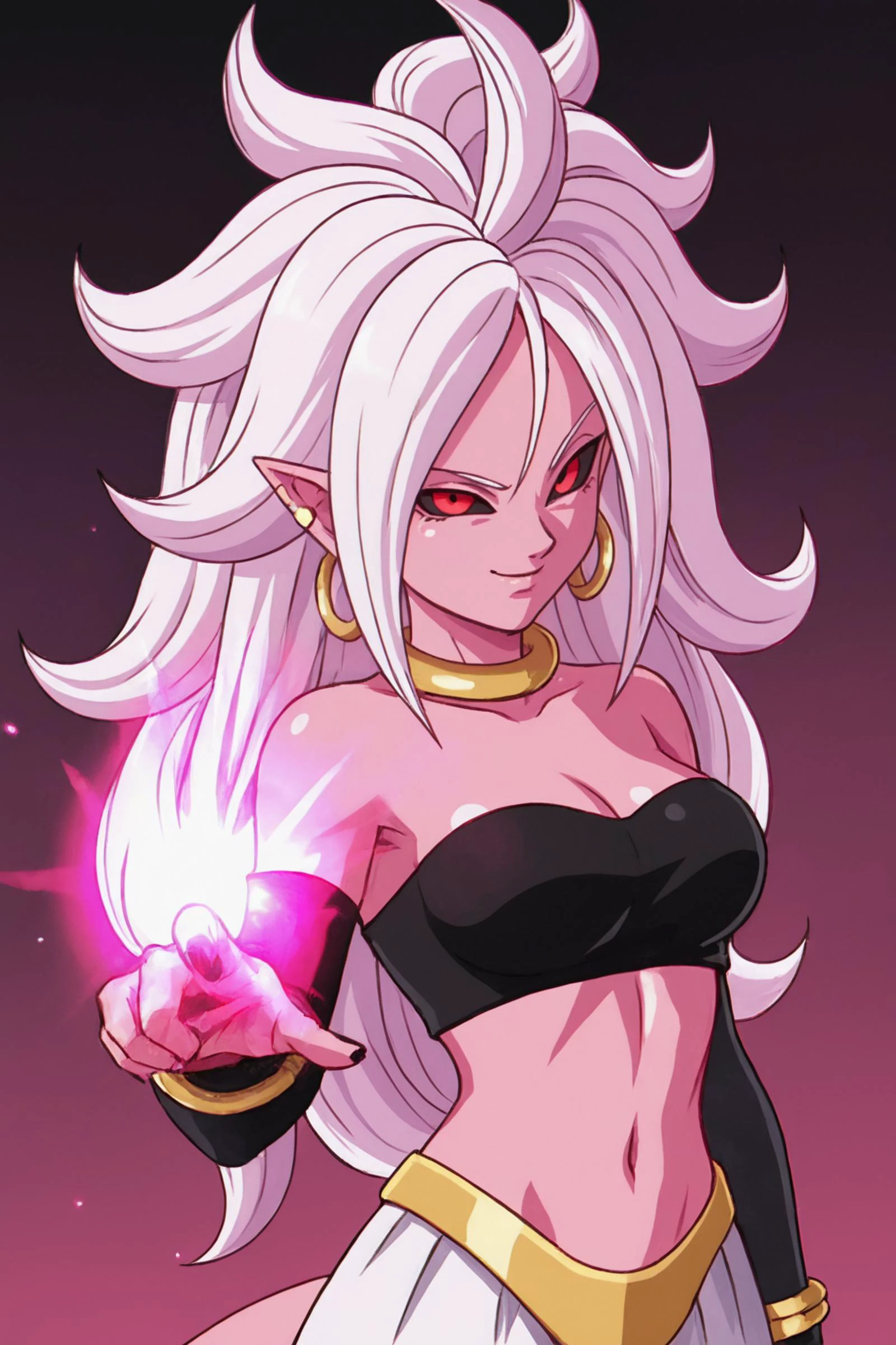 source_anime, score_9, score_8_up, score_7_up, anime screencap,
1girl, death beam, solo, long hair, [[[gold choker]]], breasts, looking at viewer, smile, navel, cleavage, earclip, medium breasts, majin tail, white hair, detached sleeves, pointy ears, midriff, collarbone, majin eyes, hoop earrings, black tube top, pink skin, energy ball, majin pants, android 21, arm ring, majin,
<lora:android21_pony_v1:0.8>