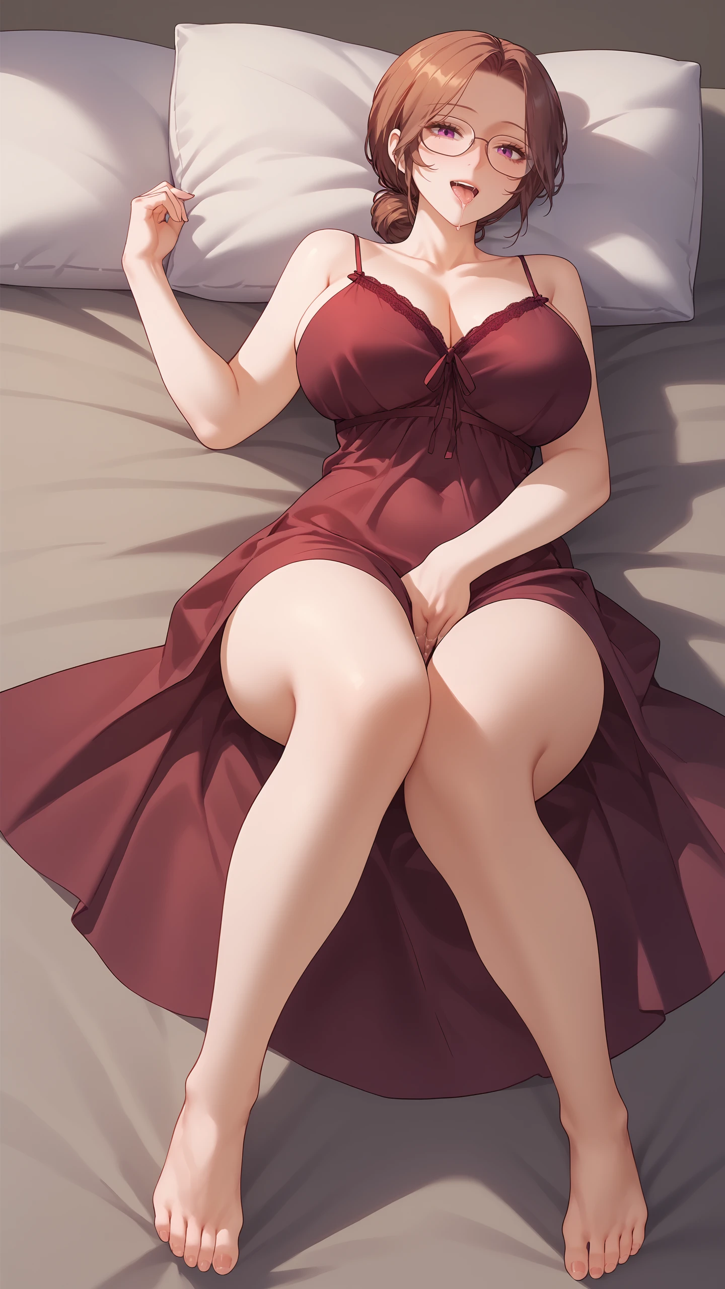 score_9, score_8_up, score_7_up, score_6_up, looking at viewer, sexy smile, <lora:ChaSuminV2:1> defcha, single hair bun, short hair, brown hair, glasses, huge breasts, purple eyes, red nightgown, sleeveless, spaghetti strap, backless outfit, barefoot, on back, fingering through clothes, female masturbation, open mouth, saliva, legs together,