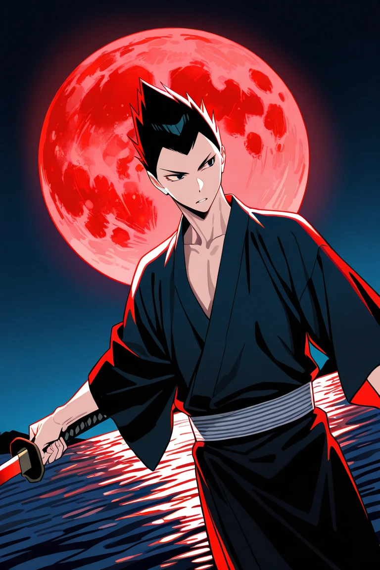 red moon, midnight, red theme, water, glowing, male focus, cowboy shot, looking away, holding sword, fighting stance, serious, KindaichiHU, black_KindaichiHU_spiked hair, black_KindaichiHU_eyes, parted lips, japanese clothes, yukata, 1boy, outdoors, dutch angle, intricately detailed illustration, masterpiece, best quality, amazing quality, very aesthetic, absurdres, newest