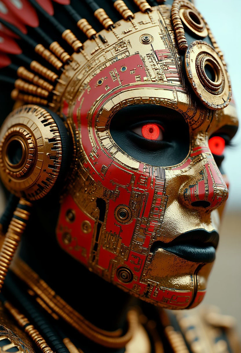 Futuristic, cybernetic Native American woman's face, depicted in a stylized, hyper-realistic manner. Her face is a blend of organic and mechanical elements, with a striking contrast between her skin, which is a mix of metallic gold and red circuitry patterns, and her glowing red eyes, which are the only organic part of her face. The eyes are piercing, with an intense, almost otherworldly glow, suggesting advanced cybernetic enhancements. She is wearing a feathered mechanical headdress.