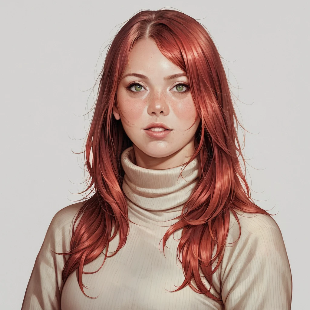 SierraSkye,solo,white background,turtleneck sweater, score_9,score_8_up,score_7_up, bust portrait,looking at viewer,solo,red hair, green eyes,long hair, freckles,(anime_source|realistic), <lora:SDXL.SierraSkye_v01:.7>