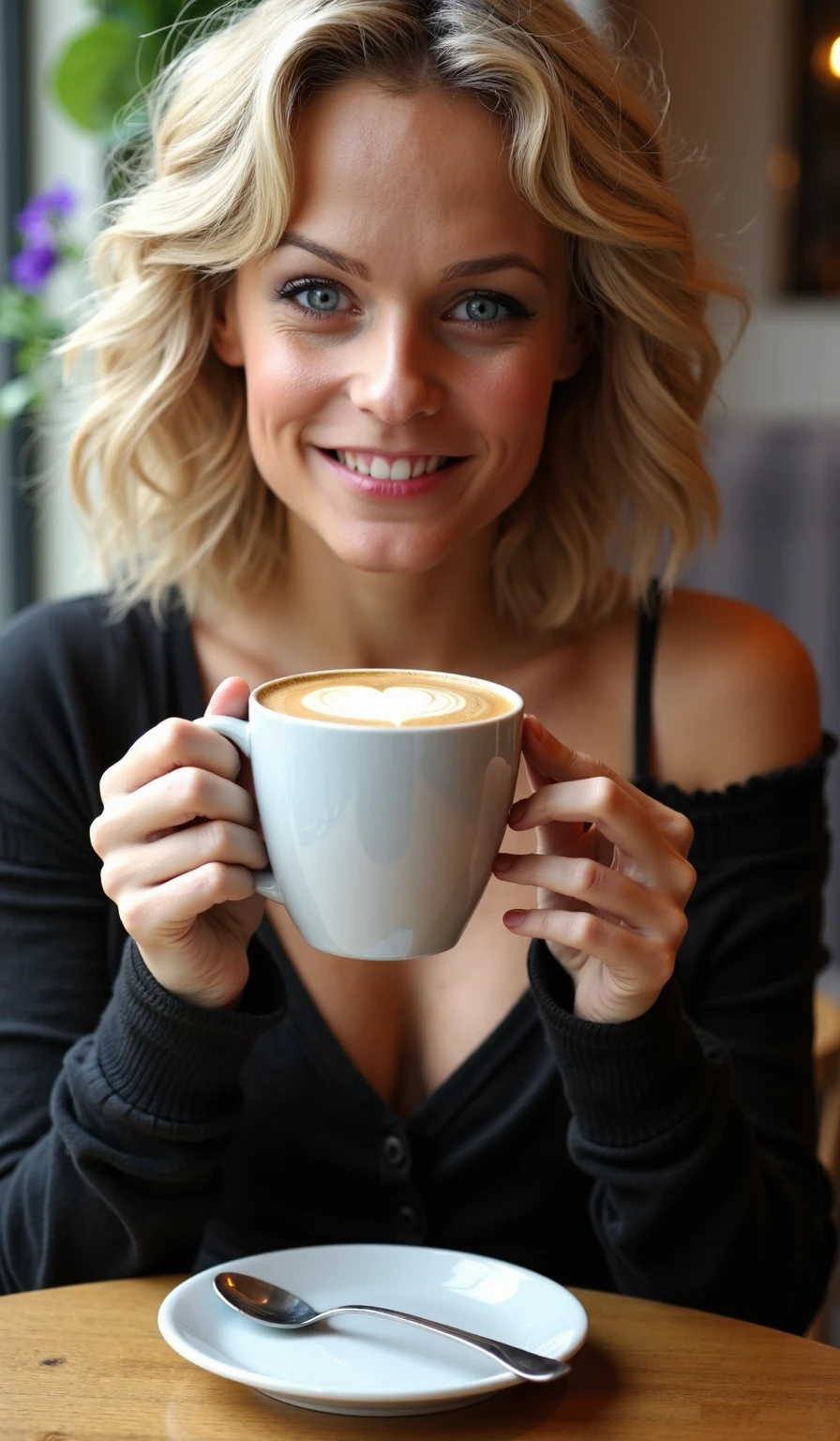 close portrait of a young woman , slightly mild side view , sitting in a cafebar on a cafe table ,  grabbing a large mug with latte art in the shape of a heart  , light  blonde , petite delicate , (high detailed face and skin texture with skin pores:1.3)  , warming her hands on the mug , eye contact with the viewer , middle short straight hair style with some large curls , wear a skinny cute tight luxory fashion sweatshirt  dress with cleavage , weimir1 (teasing facial expression) , (small chin:1.5)