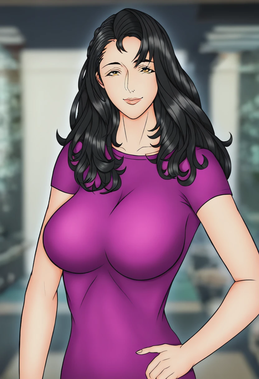 score_9, score_8_up, score_7_up, 1girl, mature_female, large_breasts, portrait, solo, looking_at_viewer, open_eyes, Standing with hands on hips, cute, confident expression, atmospheric_perspective, (Sangria mino boushi), wavy hair, french braid, Soft Black hair, laboratory, very_wide_shot, rating_safe, <lora:pony\artist_styles\singsun_pony:1.0>