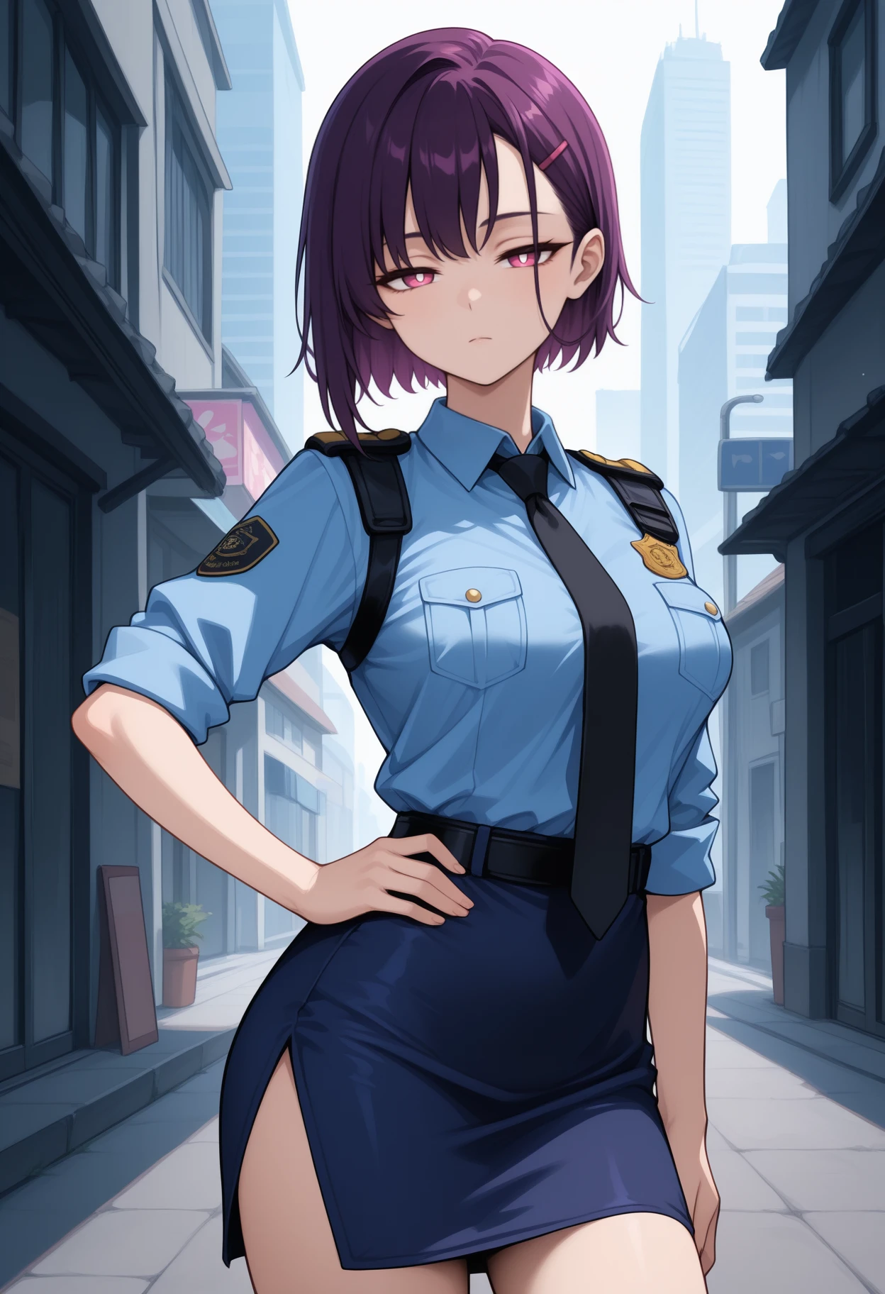 masterpiece, best quality, <break> solo, 1girl, zom100m1kazuki, expressionless, looking at viewer, hand on own hip, short hair, purple hair, hair behind ear, hairclip, pink eyes, white pupils, half-closed eyes, police uniform, blue shirt, collared shirt, black necktie, badge, sleeves rolled up, blue skirt, pencil skirt, side slit, medium breasts, outdoors, city
<segment:yolo-face_yolov8m.pt,0.4,0.5//cid=1>