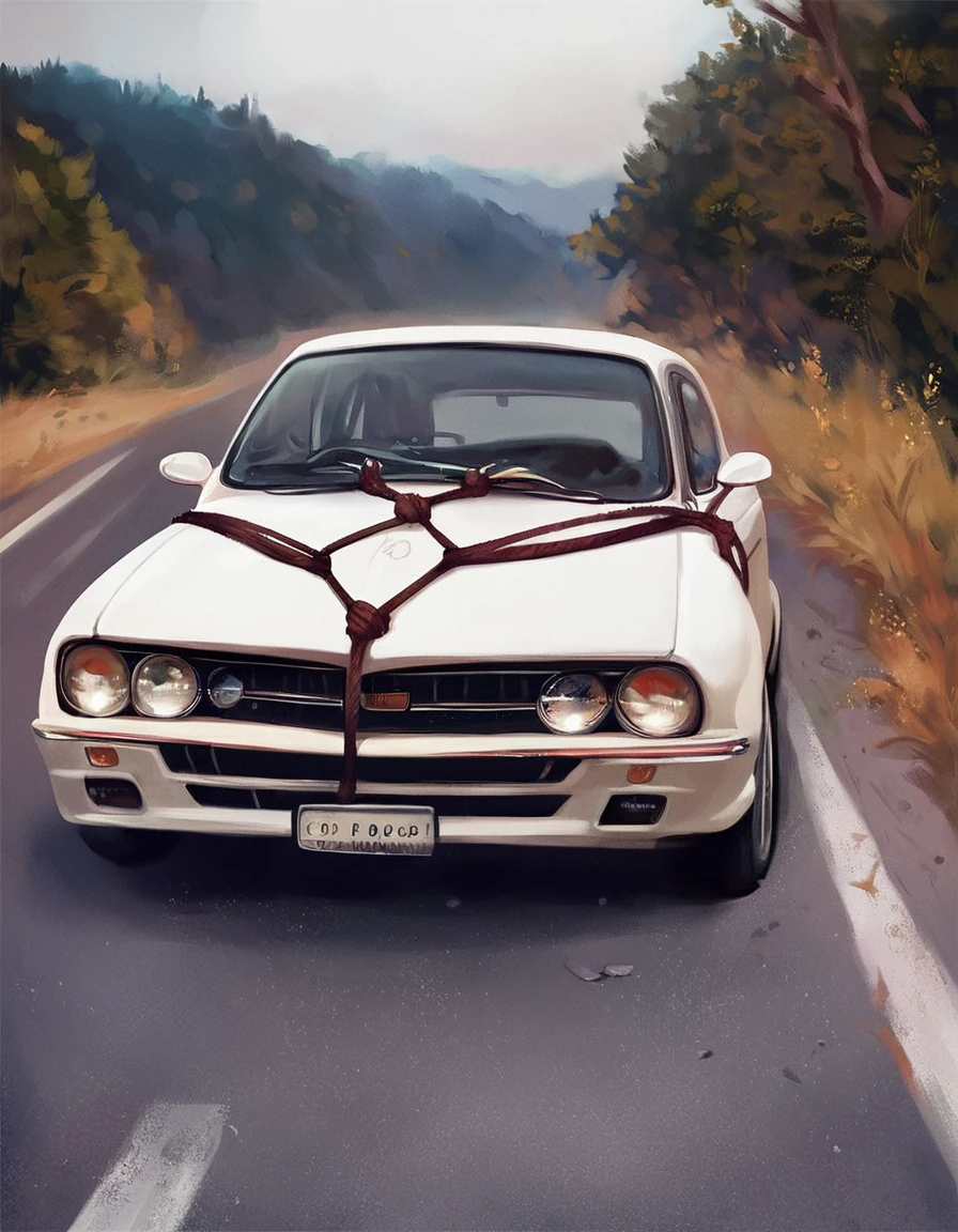 score_9, score_8_up, score_7_up, score_6_up, realistic, photography, <lora:object_shibari-v2-pony:1>, object shibari, no humans, solo, large ropes, bondage, shibari, what, sports car, car, vehicle, mustang, outside, road