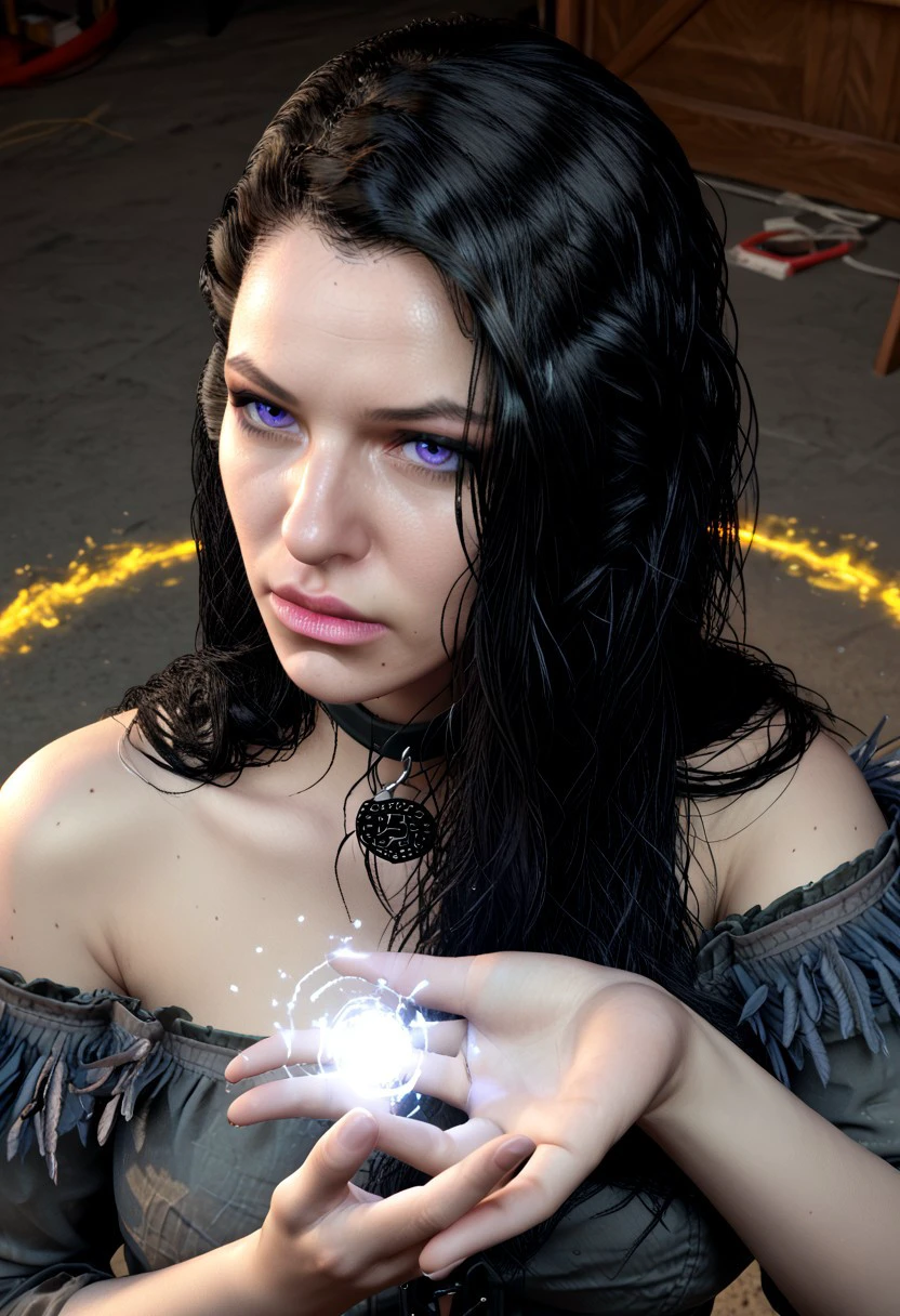 score_9, score_8_up, score_7_up yennefer of vengerberg Casting a Spell: Yennefer's hands are aglow with magical energy, and she locks eyes with the viewer, power and focus radiating from her gaze , raven on her shoulder