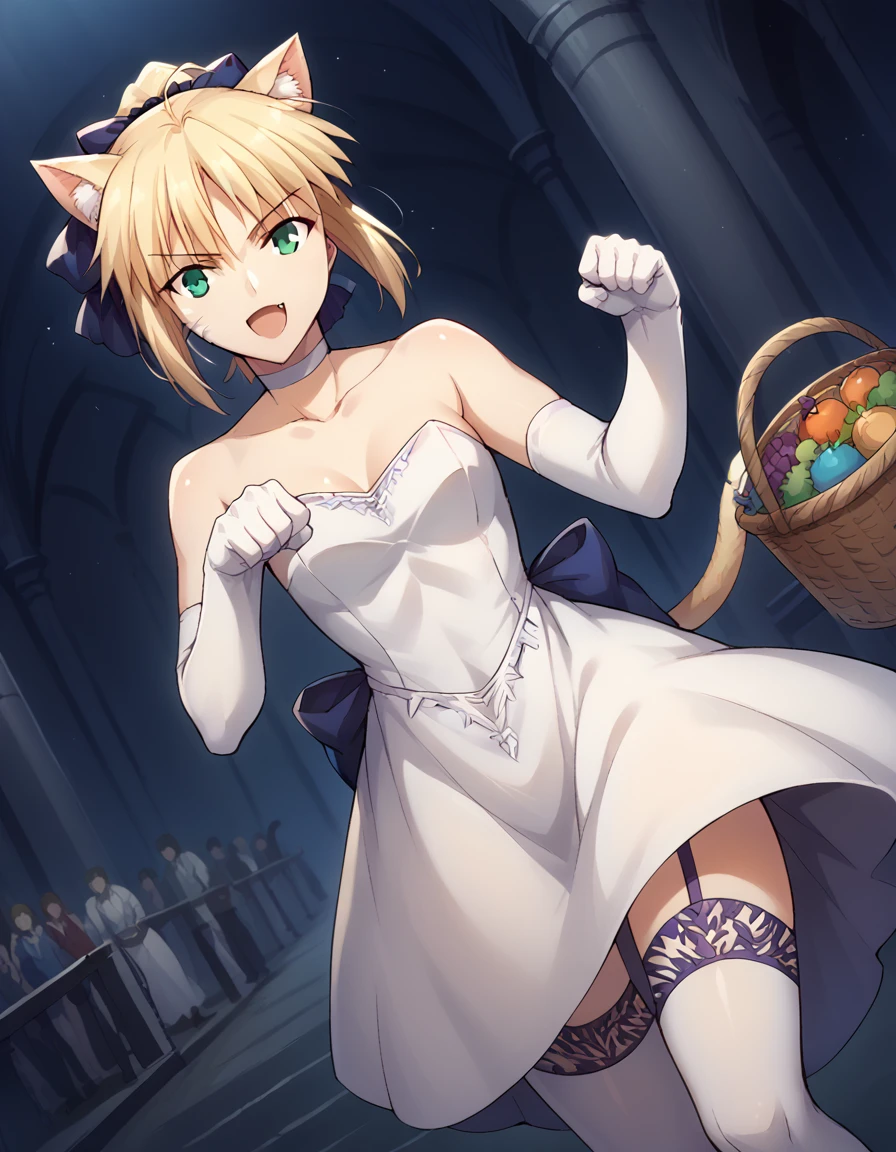 score_9, score_8_up, score_7_up, source_anime, <lora:saber-ubw-wedding-dress-ponyxl-lora-nochekaiser:1>, artoria pendragon, artoria pendragon (fate), saber, blonde hair, green eyes, hair ribbon, ahoge, ponytail,, thighhighs, gloves, dress, choker, elbow gloves, white gloves, white dress, white thighhighs, official alternate costume, garter straps, garter belt, wedding dress, lace-trimmed thighhighs, lace trim, farmers market, fresh produce, local vendors, baskets, sunny day, community, smile, <lora:paw-pose-ponyxl-lora-nochekaiser:1>, paw pose, cat ears, cat tail, animal ears, tail, cat girl, open mouth, fang, whiskers,, looking at viewer, solo,, dutch angle, cowboy shot