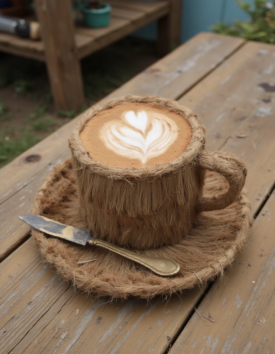 a distrw style sculpture of a cup of coffee on a rustic table <lora:straw-sculptures_v10_rank16_bf16-step00945:1>