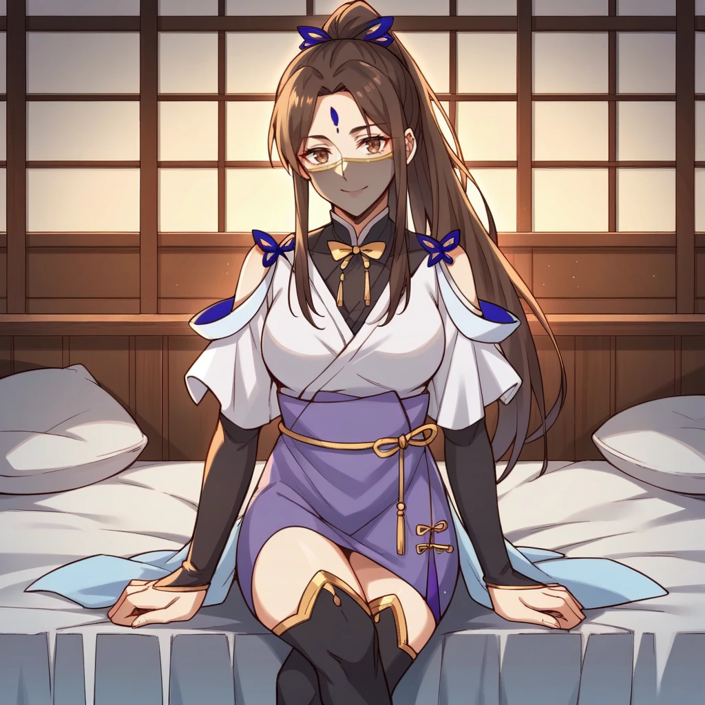 score_9_up, score_8_up, score_7_up, source_anime, 1girl, solo, night, indoors, dimmed light, Chinese bedroom, sitting on bed edge, crossed legs, gentle smile, head tilt, hand in hair, looking at you, Xia_Ning, Shang_Alt, brown hair, long hair, ponytail, brown eyes, mouth veil, forehead mark, high-waist skirt, alt purple skirt, boots, chinese clothes, white shirt, blue shawl, short sleeves, white sleeves, wide sleeves, alt elbow gloves, fingerless gloves, alt black gloves, black collar, alt yellow bowtie, hair ribbon, thigh boots, black footwear, see-through skirt, long skirt, mature body, dynamic cowboy shot, 