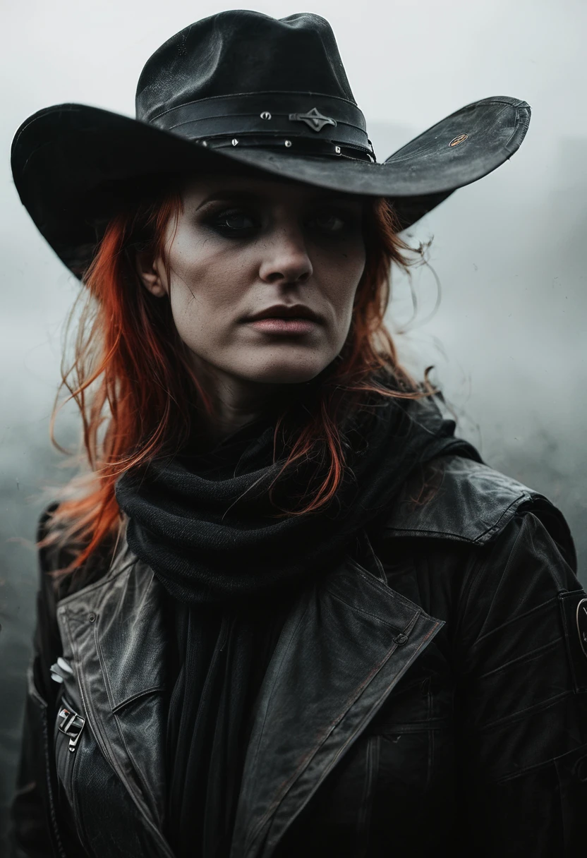 portret photo, 1girl, long red hair, wind,  black cowboy hat, black scarf, science fiction, black clothes, cyborg, the villain, dark background, dark makeup, fog, mist, (1960's mood, glitchcore,  moody light, analog, soft, vignetting, by Norman Parkinson, made with Beier Beirette:1.45), score_9, score_8_up, score_7_up, (photo), cinematic shot, bokeh, realistic, detailed skin textures, masterpiece, 4k, perfection, rating_explicit, photography, natural