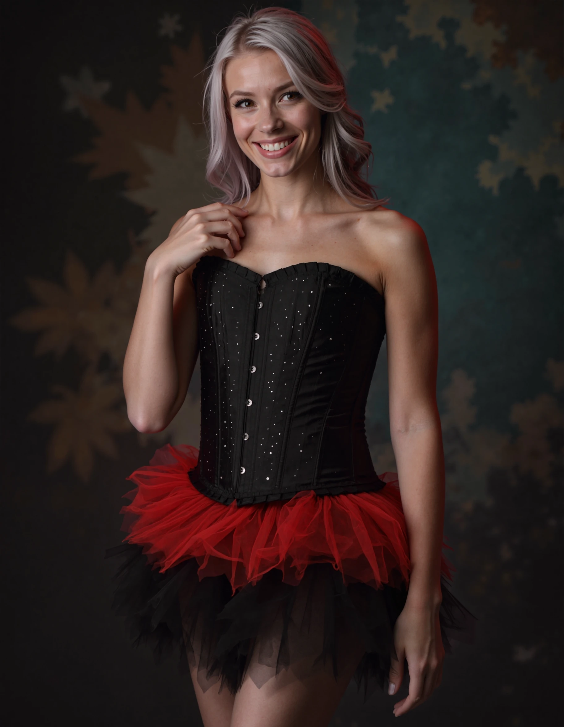 This is a highly detailed, realistic photography depicting a woman wearing bla4ckf3athers clothing. She is wearing a black corset, layered red and black tutu-style skirt. She has streaked white gray hair and smiling. She is touching her shoulder and head tilt to side. Full body shot, she is looking at viewer. Background features dark colors and side lights casting light on the woman.  <lora:FLUX\FLUX.1-Turbo-Alpha\FLUX.1-Turbo-Alpha.safetensors:1.0>     <lora:MyTrainings\Test\Black_Red_Tutu_Skirt_Corset_F1D_ARZUMATA.safetensors:1.0>