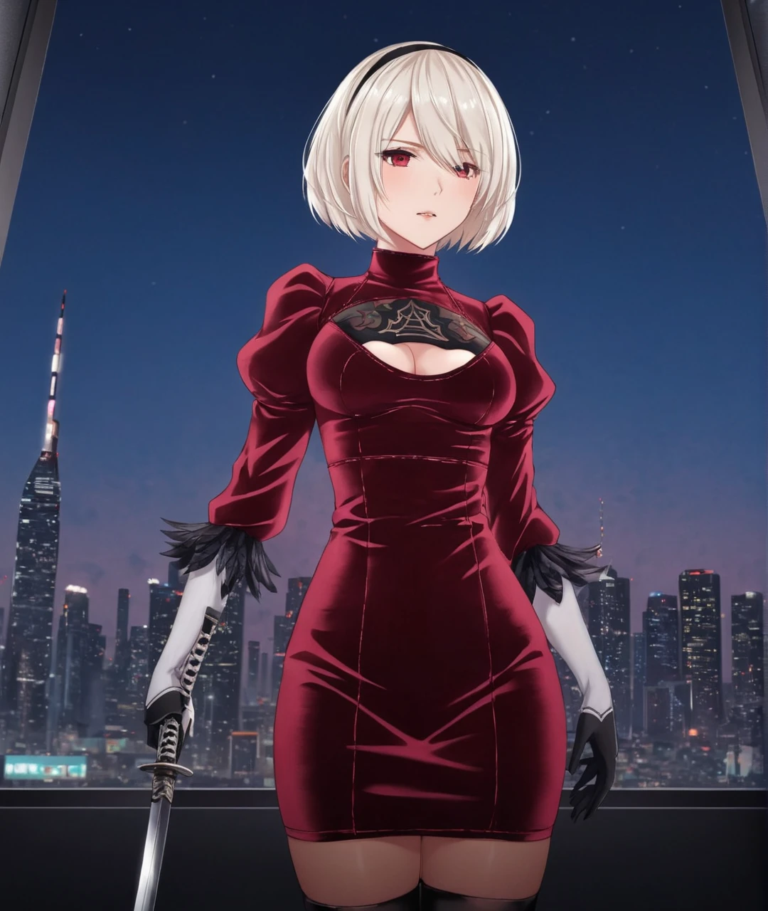 anime artwork 4k upper body shot by Milky white skin Nier 2B by her own hand, she is wearing  pink velvet mini bodycon dress outfit , 4k she is standing and carrying a katana sword glowing red at level of her eyes from her both hands hiding her eyes behind sword in the process, cyberpunk night city skyline from a large window behind her <lora:Nier_2B_XL_lora:1>, red blush on her face . anime style, key visual, vibrant, studio anime,  highly detailed