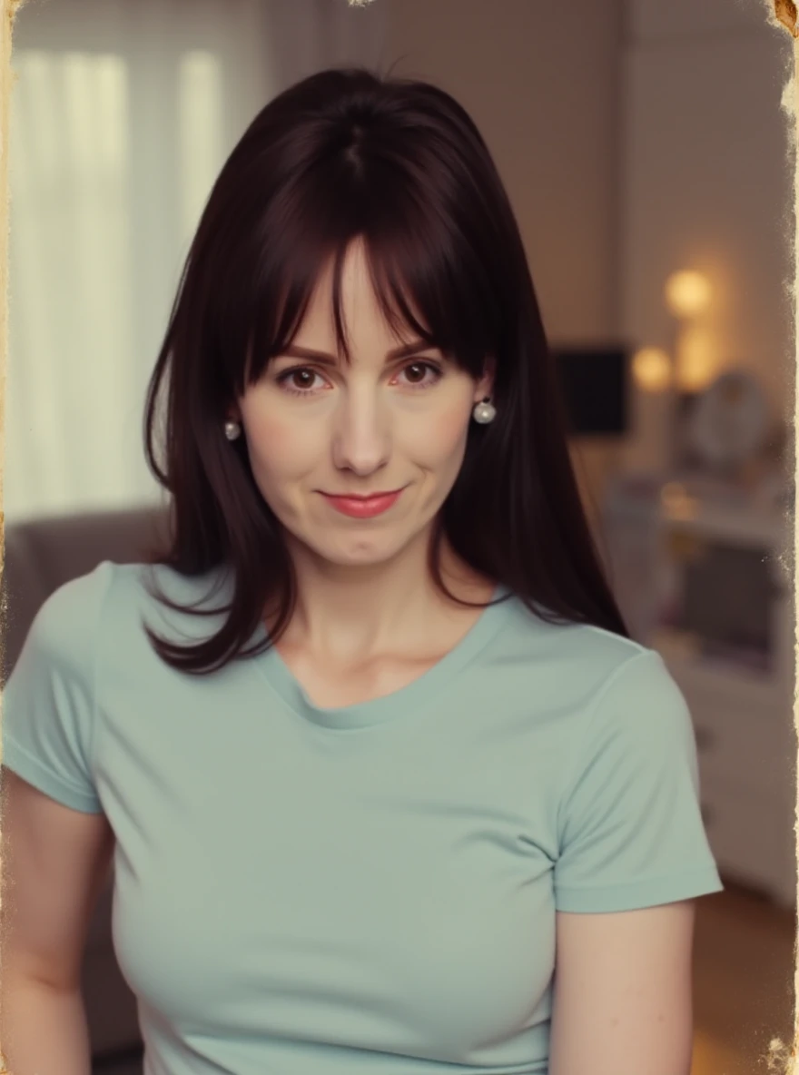 1970s, 70s, blurry old photograph of bl4ckb33lili woman, slightly smiling, wearing a light blue tshirt, in a living room, detailed face, in the 70s, bleached scratched damaged torn smudged dirty wrinkled polaroid, kodak portra 400, cine film still, natural lighting, highly detailed, absurdres

