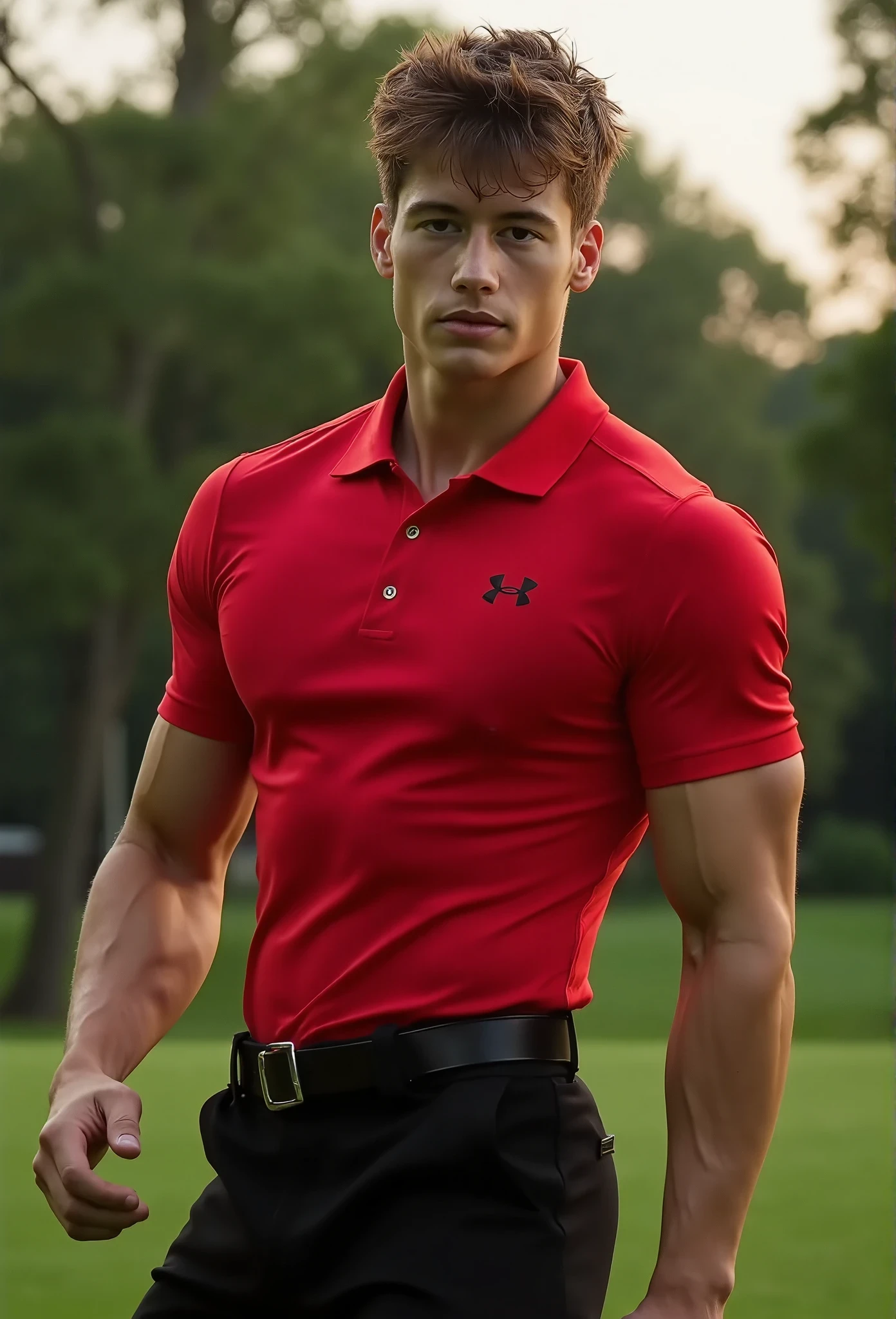 ((Upper body image of Bach)), ((wearing a tight (red) ((under armour)) golf polo shirt:1.2)), (shirt sleeves tight around his biceps:1.3), ((wearing tight black shorts with black belt with a silver buckle:1.2)), black shorts+++, standing on golf course, (golf course background:1.3), male focus, dramatic lighting, defined toned body, looking at the viewer, brown eyes, short messy brown hair, confident, wide angle, narrow waist