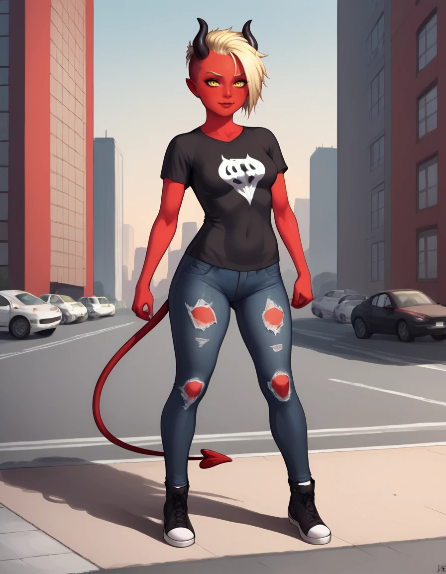 outdoors,detailed background,city,street, 
Mara,1girl,solo,short hair,blonde hair,horns,demon girl,demon horns,red skin,yellow eyes,demon tail,
full body,long eyelashes,seductive smile,
torn jeans, black t-shirt, sports footwear, 
<lora:Mara_v01_PDXL:1>,