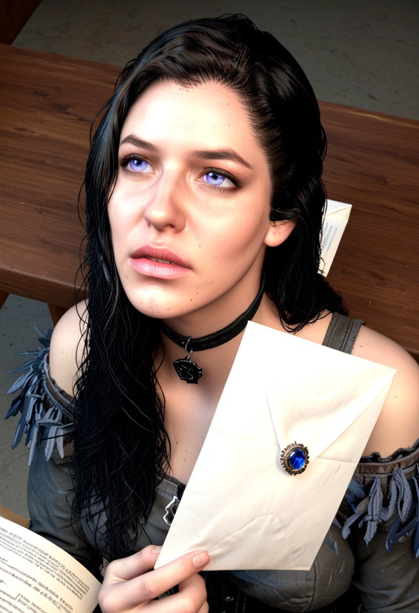 score_9, score_8_up, score_7_up yennefer of vengerberg Reading a Letter: Holding a parchment, Yennefer looks up with intense eyes, as if sharing a crucial secret with the viewer.