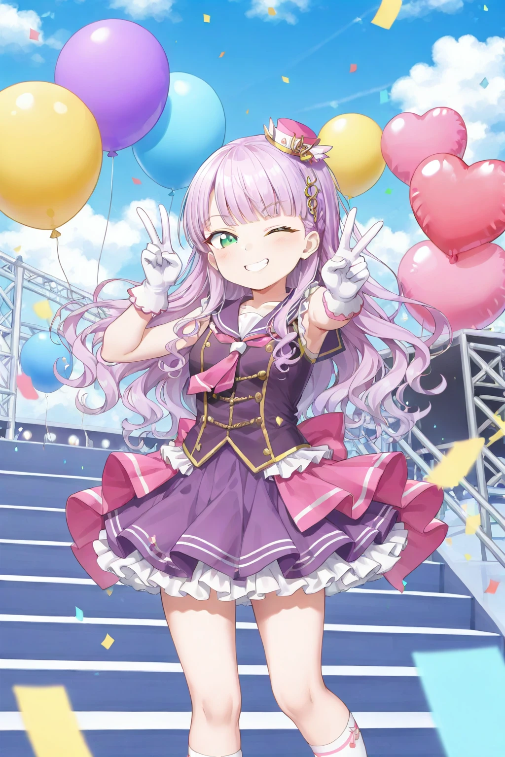 <lora:MargareteWien:0.8>, Margarete Wien, 1girl, gloves, one eye closed, balloon, smile, solo, v, white gloves, purple skirt, skirt, musical note, stage, looking at viewer, grin, sky, double v, cloud, stairs, hair ornament, confetti, sleeveless, sailor collar, socks, frills, outdoors, blue sky
