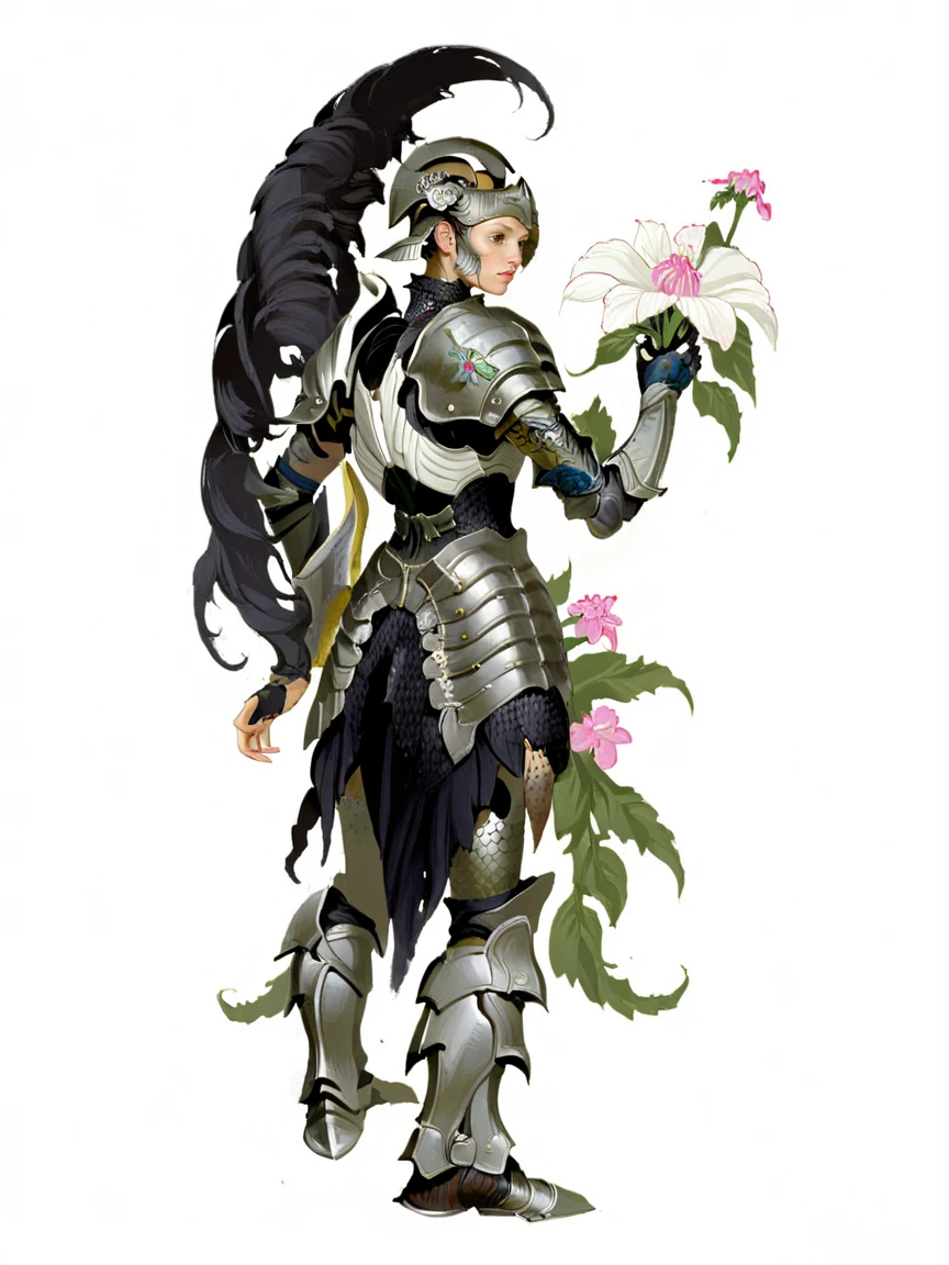 <lora:yangjXL:1> yangj, woman, armor, flower, white background,