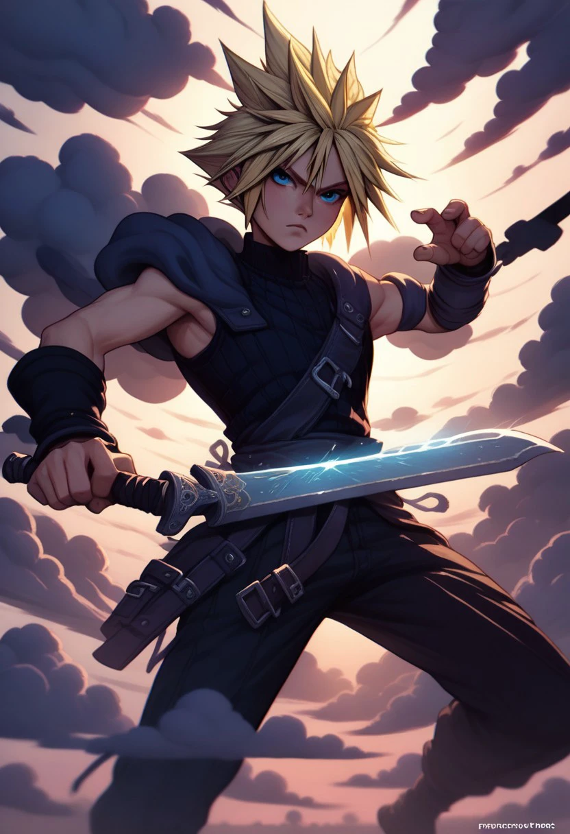 PonyXLV6_Scores BREAK  pearlescent, (Cloud Strife:1.3) from Final Fantasy, (1 boy:1.2) with (blonde hair:1.3) and (blue eyes:1.3), in a dynamic fighting stance, holding the iconic (Buster Sword:1.5). He stands solo outdoors, aiming directly at the viewer, showcasing dramatic foreshortening. The scene is infused with an (epic aura:1.4), emphasizing his determination and strength., cinematic angle, cinematic lighting