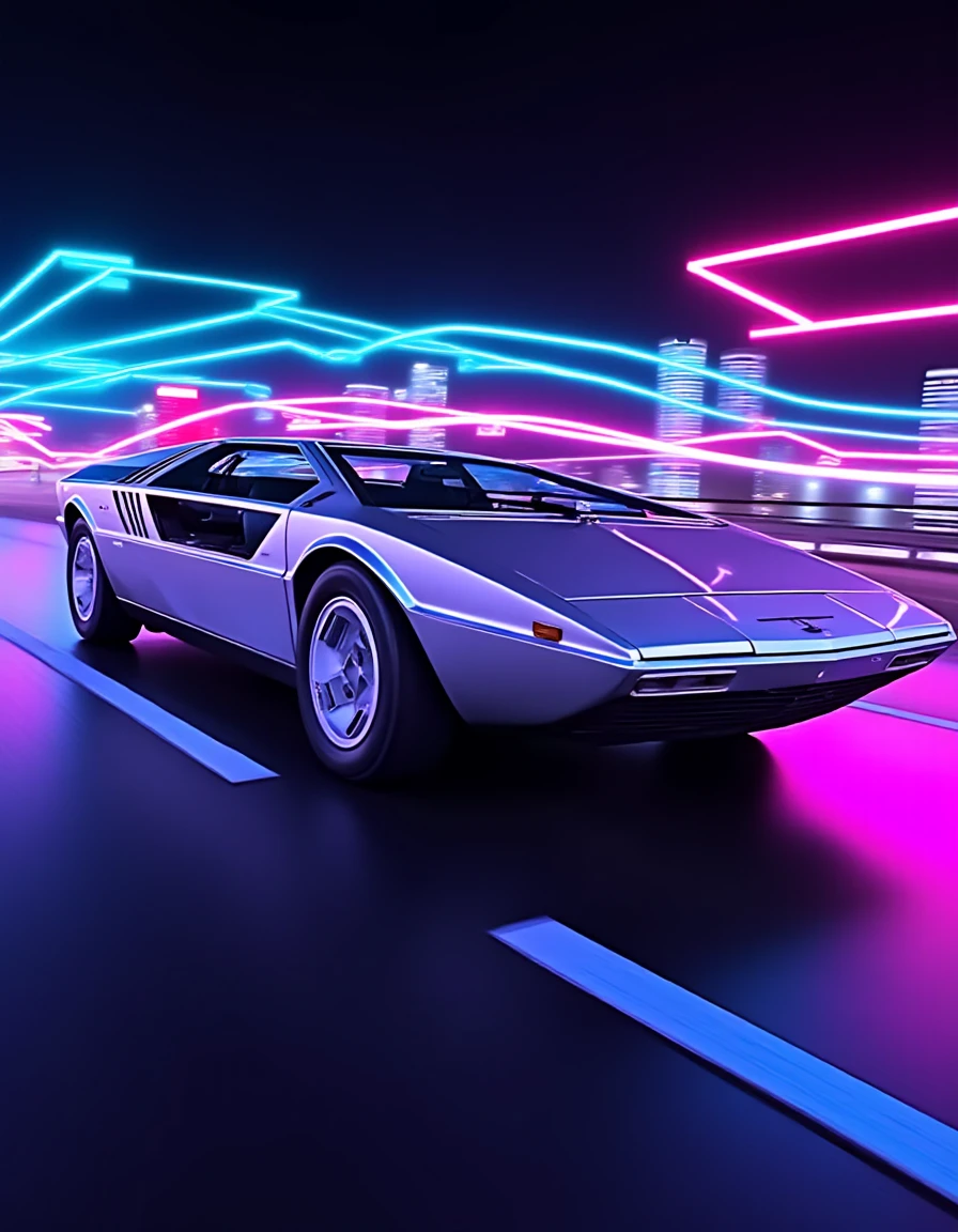 mas3r,Side view of a silver 1972 Maserati Boomerang speeding down a futuristic neon-lit road. Bright, colorful light trails in shades of cyan, magenta, and purple streak along the background, casting dynamic reflections on the car's angular body. The sharp lines of the Boomerang are accentuated by the glowing ambiance of the neon lights