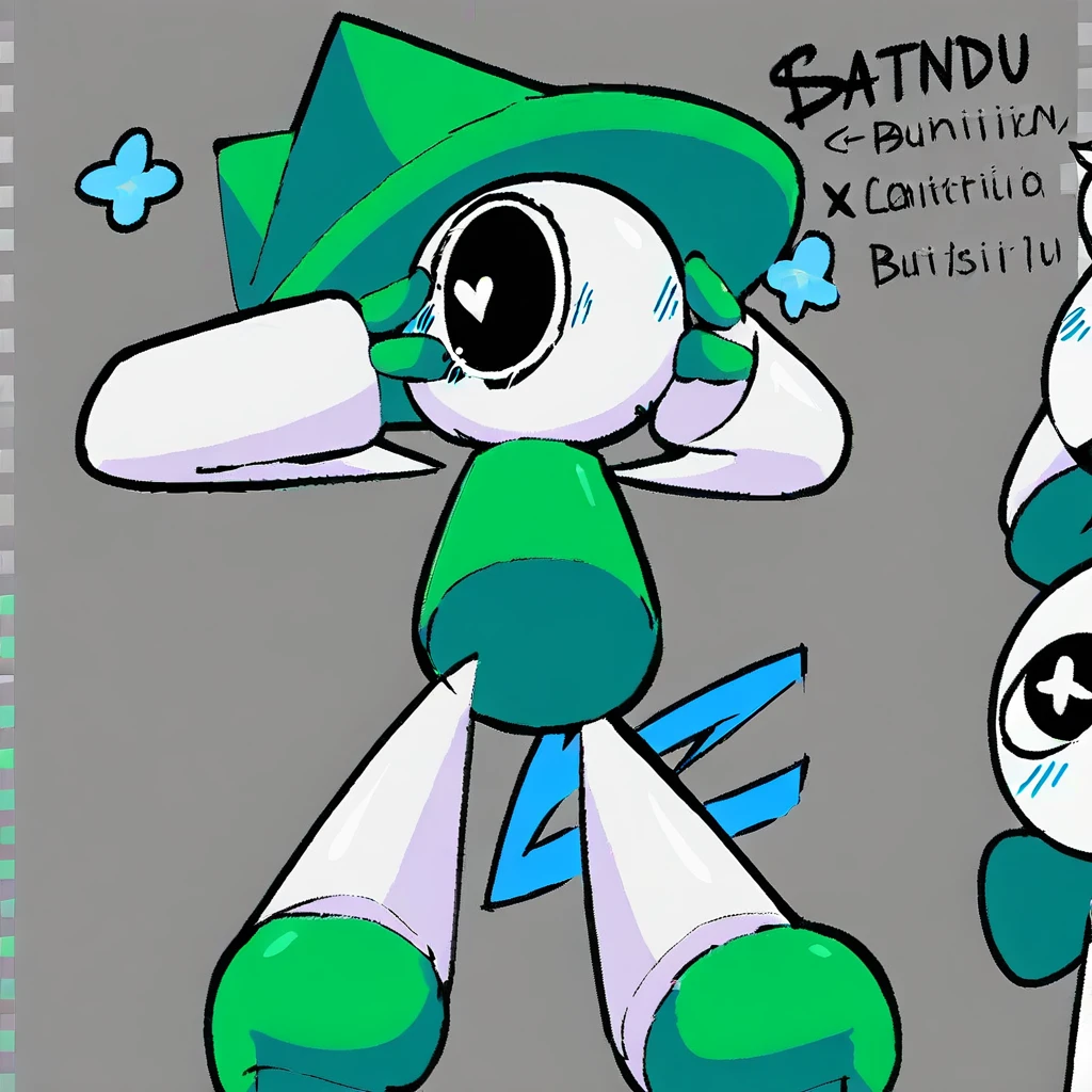 arms at sides, cartoon, green shirt, kicking, unseen face, wide sleeves, transparent background, shrug, black blush, pointing, tail, english text, butterfly, green footwear, looking to the right, pointing up, blush, hands on hips, hand up, arms up, white skin, geometric design, witch hat, hand on face, artist name, from below, white pants, gradient background, green headwear, gloves, 3 fingers, mouthless, minimal detailing, arms behind hat, short, blue blush, checkered background, solid black oval eye, white background, green theme, looking to the side, saliva, blush stickers, kick, one-eyed, grey background, heart eyes, hat hiding face