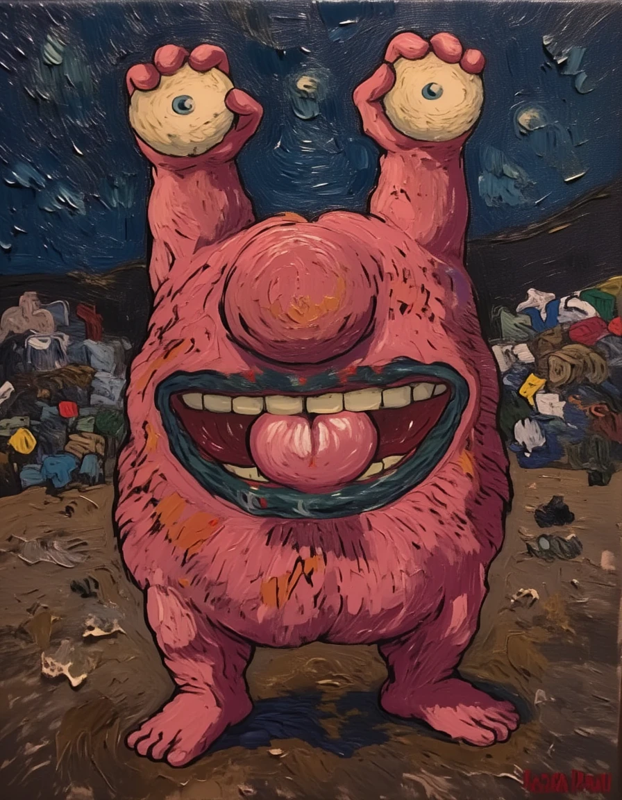 krumm, style of vincent van gogh, textured oil painting, he is holding an eyeball in each hand and licking his lips, teeth showing, piles of garbage in the background  <lora:krumm-640:1> <lora:style_of_Vincent_van_Gogh_FLUX_123:1>